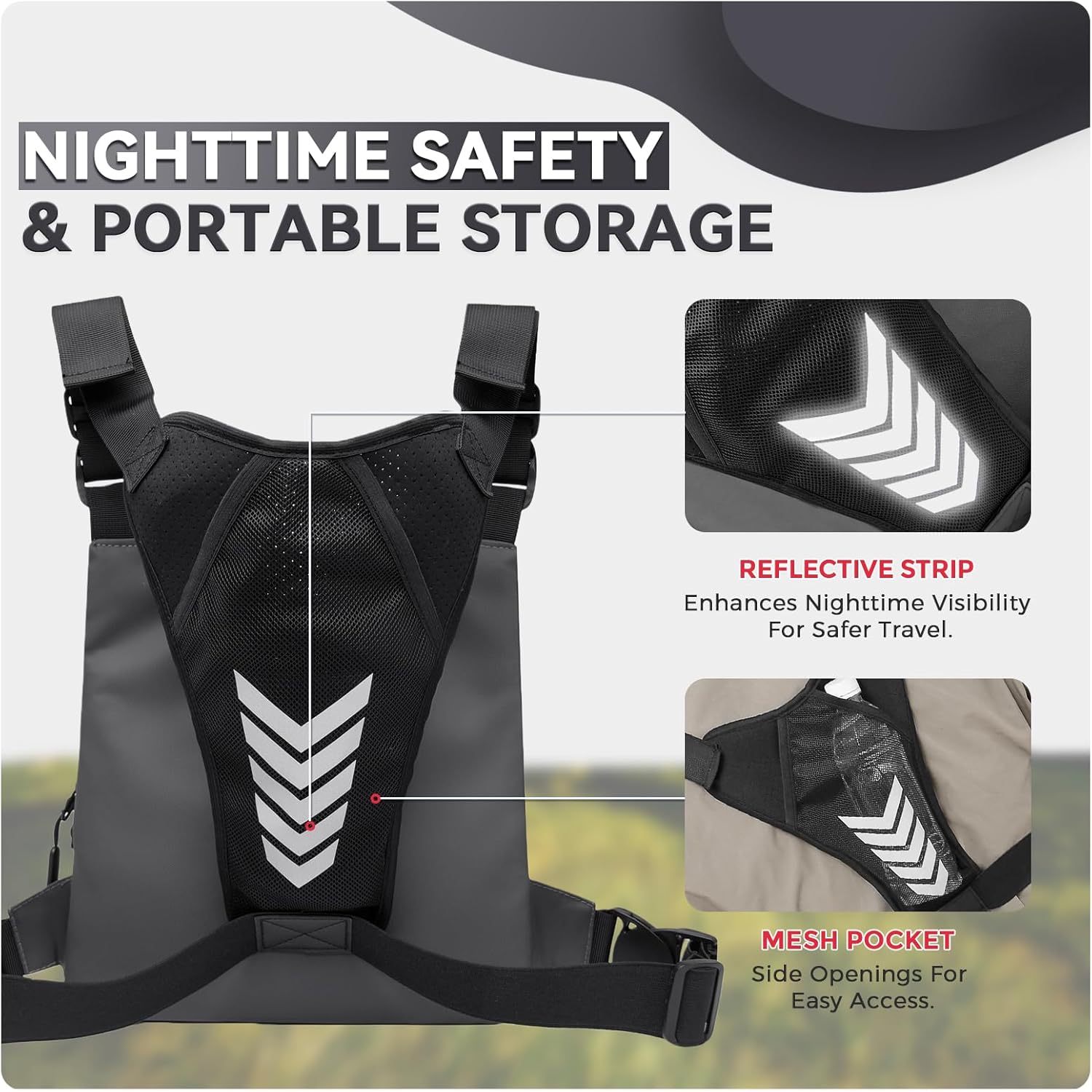 Criuage Outdoor Chest Bag for Men, Lightweight Adjustable Running Vest, Water Resistant EDC Chest Pack with Water Bottle Pocket, Breathable Back Pad for Hiking Cycling Fishing Travel