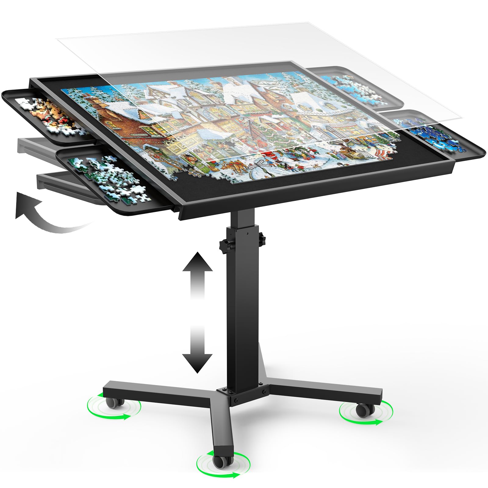 1500 Piece Jigsaw Puzzle Table with Legs, 35.43"x27.87" Metal Puzzle Tables for Adult (Stability Tested & Ergonomic), Adjustable Height & Tilt Angle, Wooden Puzzle Board with 4 Drawers & Cover