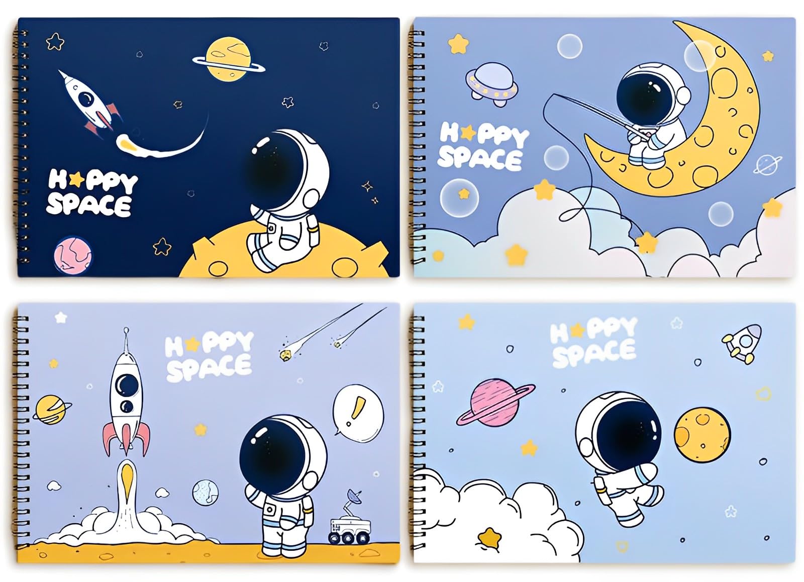 Tengcang 4 Packs A4 Drawing Books for Kids 30 Sheets Spiral Bound Children Sketchbook Drawing Paper Sketchpad Paint Book with Thickened Board (Happy Space)