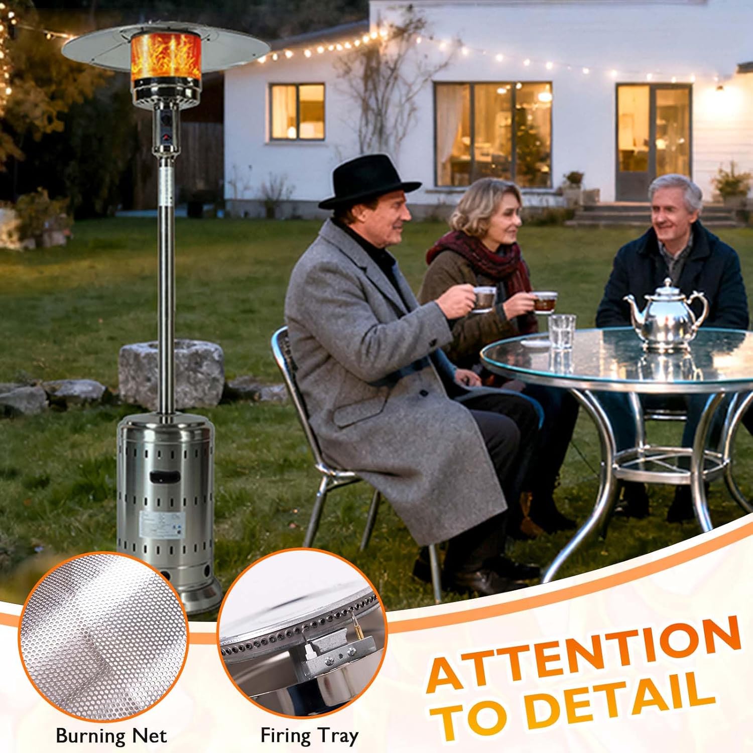 48,000 BTU Propane Patio Heater for Outdoor Use with Wheels and Cover, Stainless Steel Burner for outdoor use, Triple Protection System, Garden Commercial Residential(Silver)