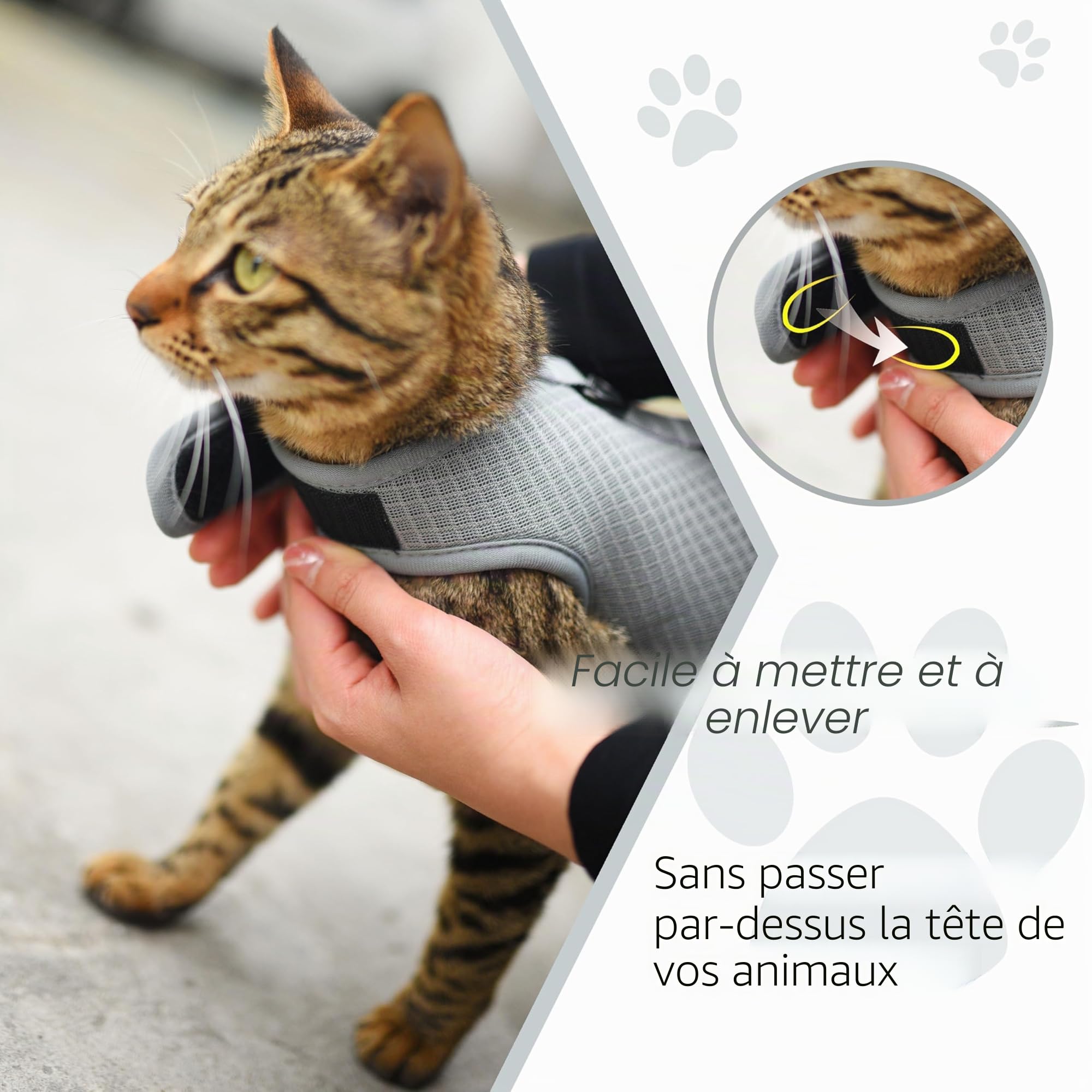 Harnais et Laisse Anti-Fugue pour Chat - Tissu en Maille Respirante - Harnais réglable, rembourré et élégant - Gris uni, Taille L