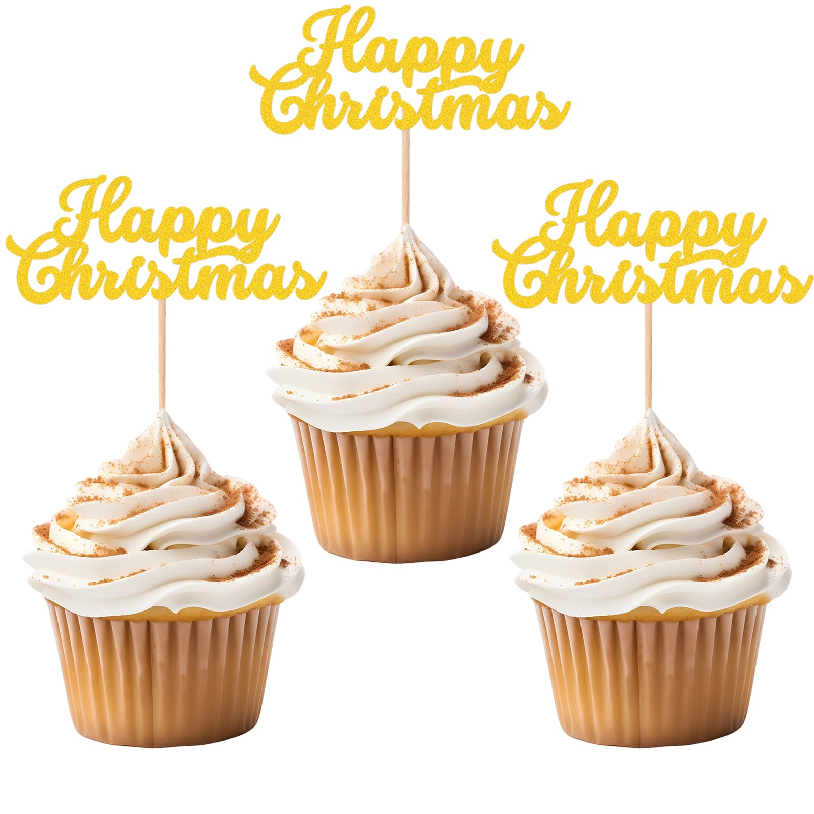 Gidobo 36PCS Christmas Cupcake Toppers, Gold Glitter Happy Christmas Cake Toppers Toothpick Flags for Christmas Cake Decorations Holiday Party Supplies