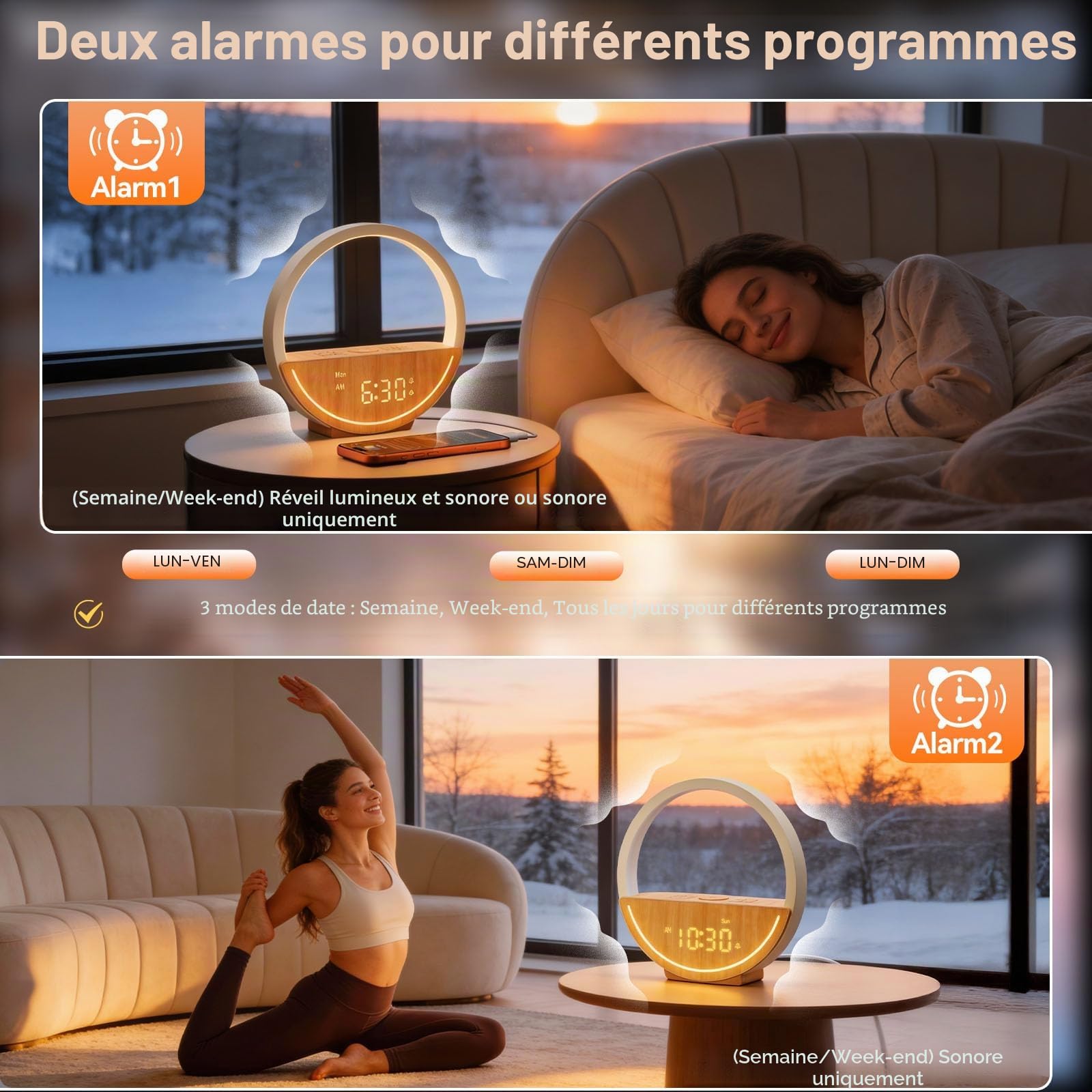 RETEYUNG Lampe de Chevet et Réveil Simulateur d'Aube, Veilleuse Tactile avec Charge USB, 20 Sons Relaxants & Bruits Blancs, Double Alarme pour Semaine/Week-End, Réveil Lumineux pour Gros Dormeurs