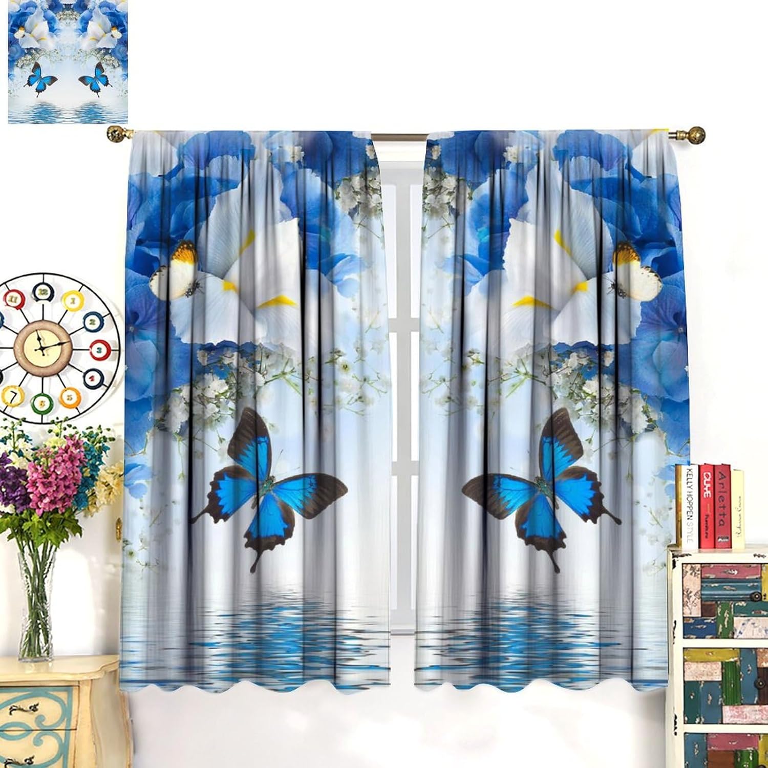 Blue Butterfly Flower Curtains for Kids Girls Bedroom Decor Colorful Butterflies Romantic Spring Floral Art Printed Cafe Kitchen Living Room Rod Pocket Blackout Window Drapes W27.5xL63in 2 Panels