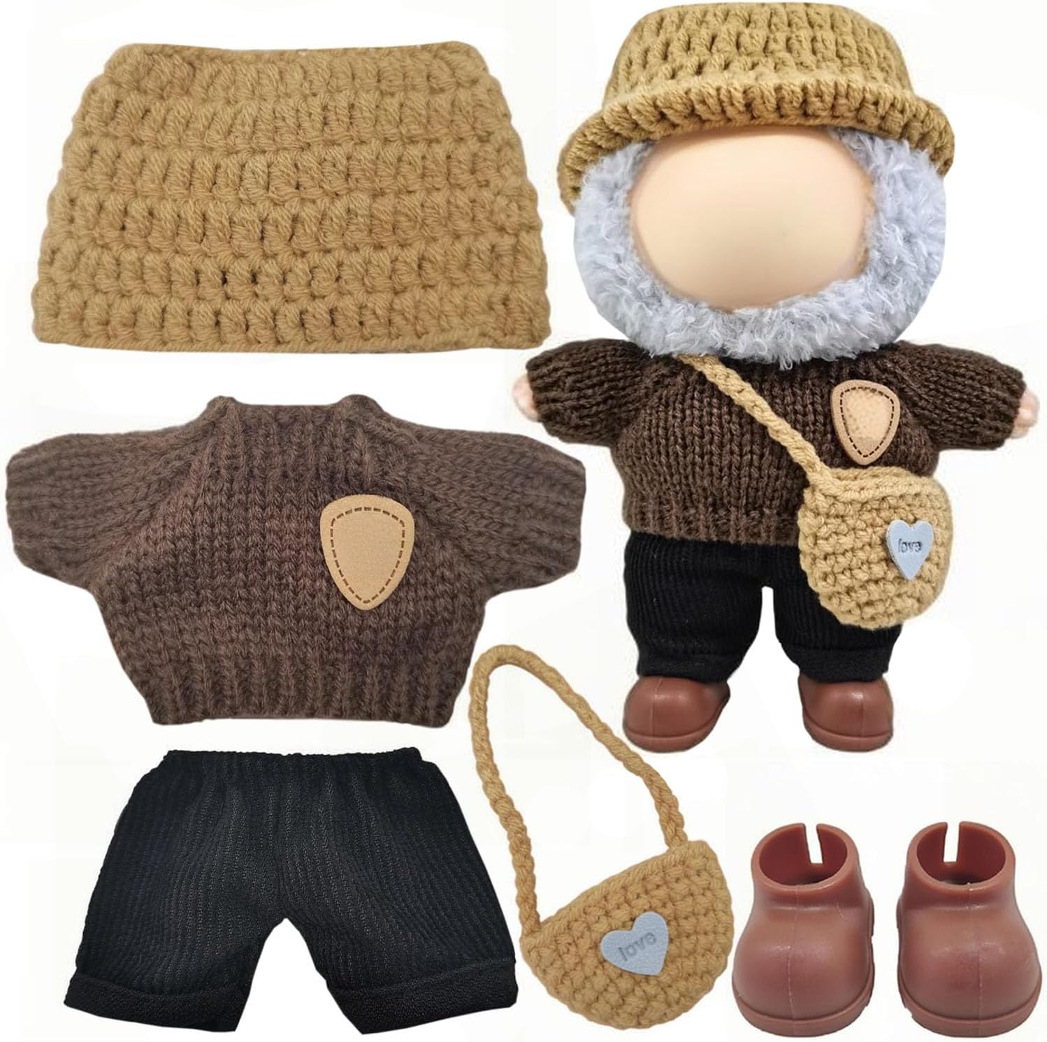 Clothes Set for 17cm Doll, Handcrafted Crochet 5 Piece Set Sweaters Hat Backpack Pants Shoes, Clothes Outfit Accessories for Dolls (No Doll) Brown