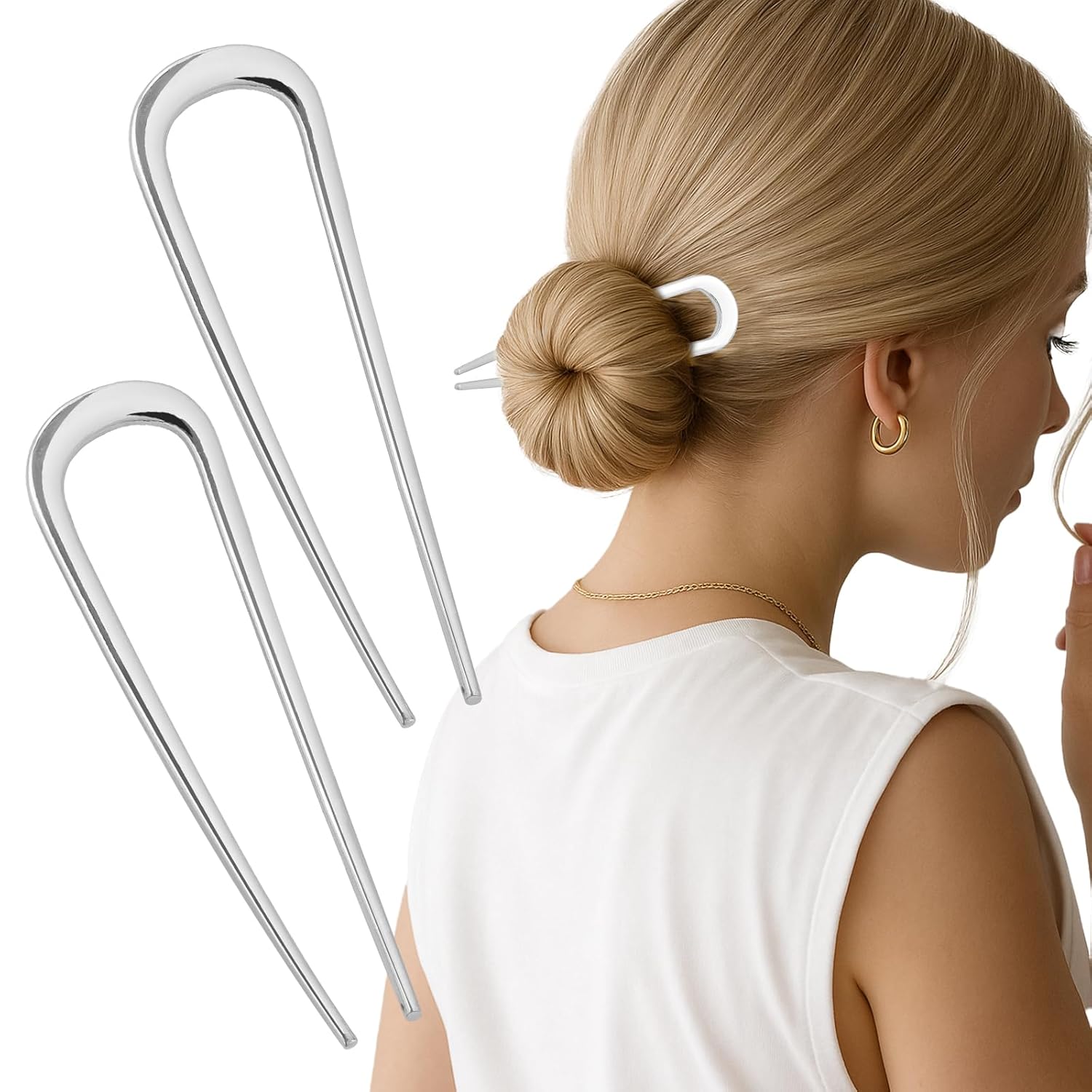 2PCS 4.2Inch French Hair Pins U-Shaped Pins for Women and Girls Fashion Metal Hair Pin French Twist Hair Pins for Buns, Updos,Stylish and Functional(set1-silver) - Image 7