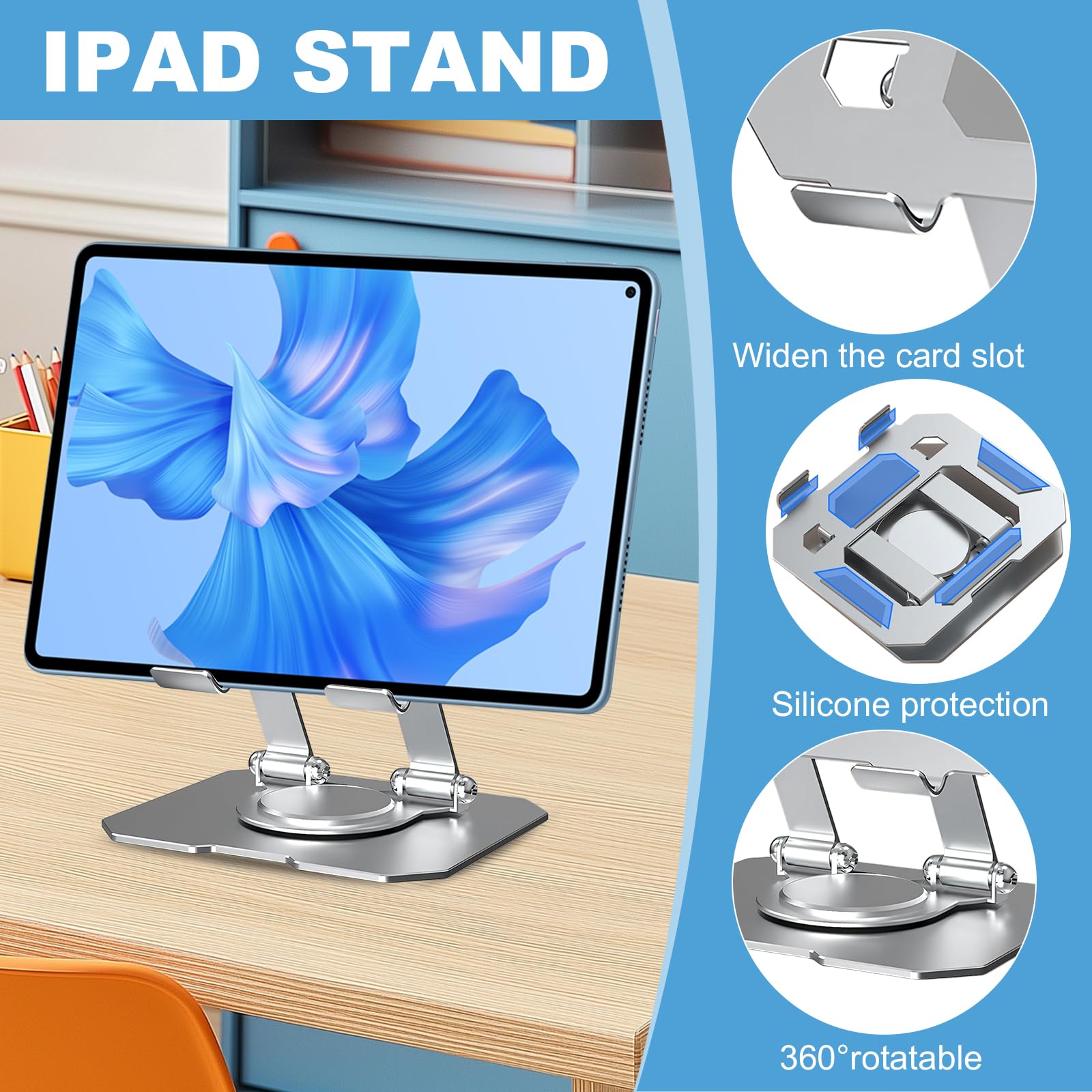 Supporto Per Tablet In Acciaio Carbonio, Pieghevole Con Rotazione 360° E Altezza Regolabile, Per Dispositivi Da 4 A 12 Pollici