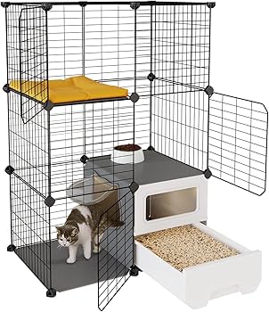 ブラック　黒　2段式キャットケージ トイレ付き Amazon.co.jp: Topzoo 猫 ケージ トイレ付き トイレ一体型 防臭 飛散