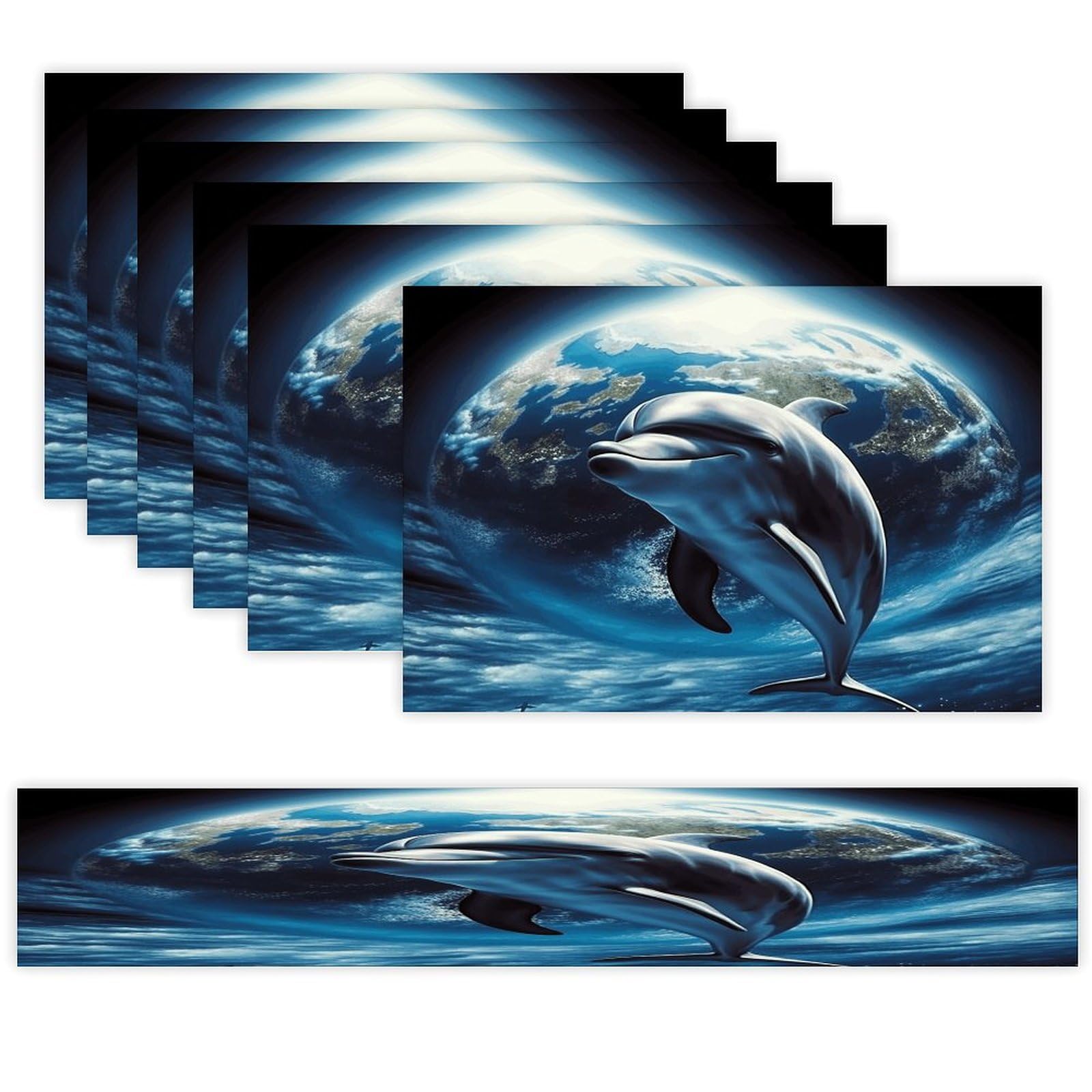 Dolphin Earth Table Runner and Placemats Set of 6 for Kitchen Washable Table Mats Heat Resistant Place Mats Non-Slip Place Mat Wipeable Placemat(6 Placemats+1 Table Runner)