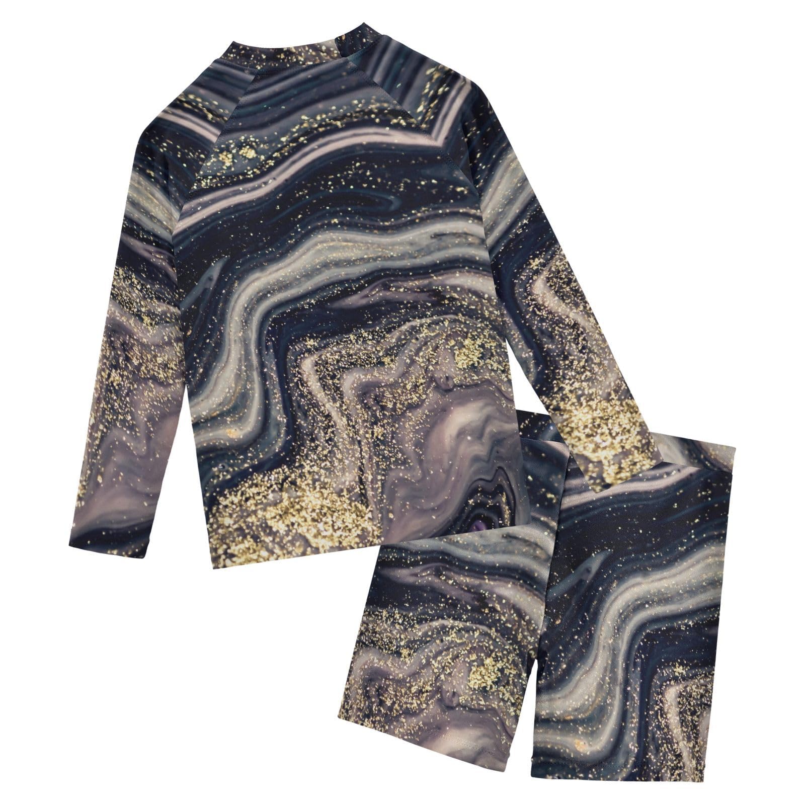 Aflyko Kids' Bathing Suit Set Marble Glitter Long Sleeve Swim Tops with Shorts Summer Vacation Pool Party Rashguard Fun Cute Infant Beachwear, 4T Multicoloured