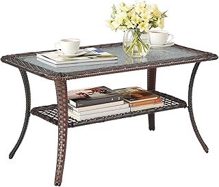 VINGLI Outdoor Coffee Table with Storage Wicker Patio Coffee Table, Temp...