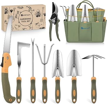 Yesker Gardening Tools 9-Piece Heavy Duty Garden Tool Set Gardening Supplies Gifts for Women Men Gardening Hand Tool Kit w Non-Slip Ergonomic Rubber Handle, Durable Garden Bag, Pruning Shears, Green