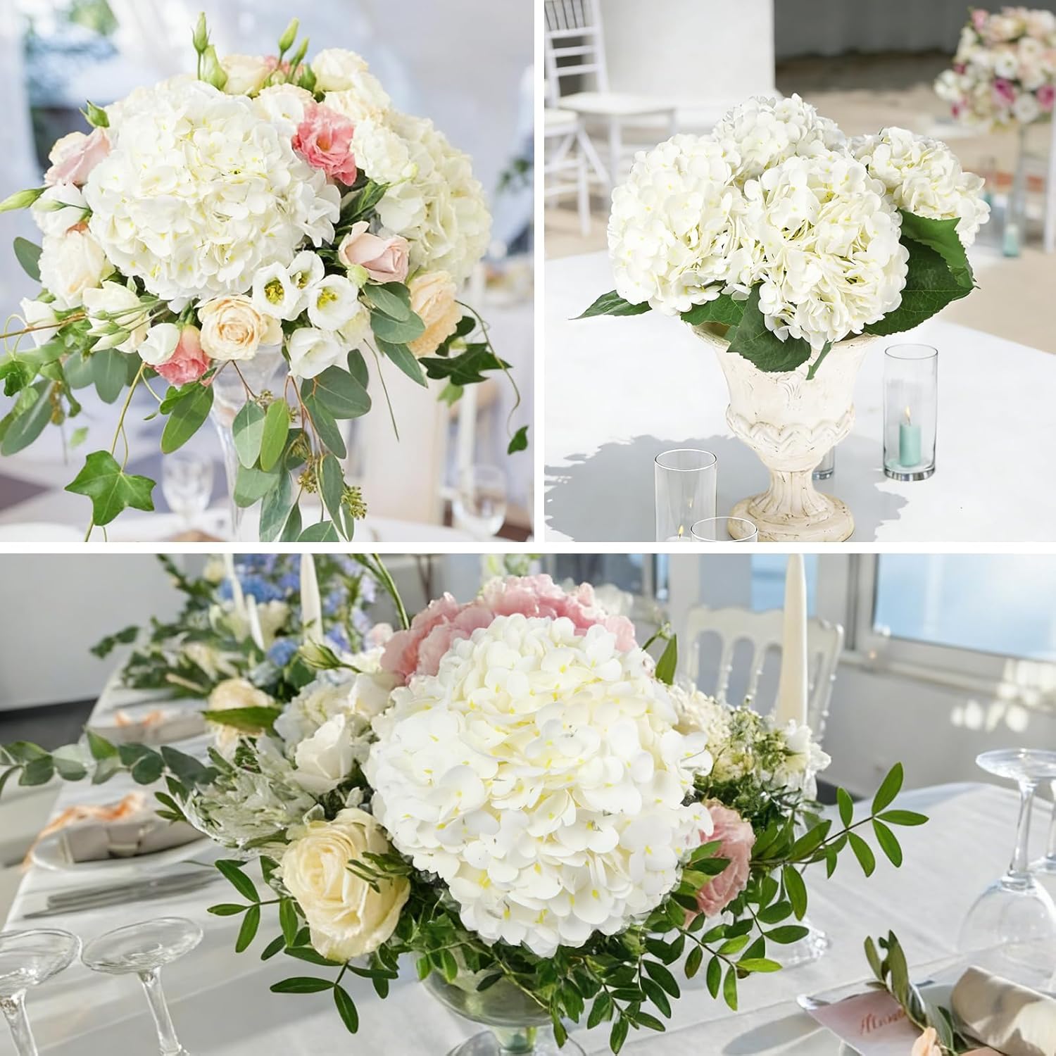 3Pcs 21 Inch White Faux Hydrangea Flowers, 3D Moisturizing Real Touch Latex Fake Flowers with Stems, for Wedding Bouquets Home Table Centerpieces Party Decor (White) - Image 4