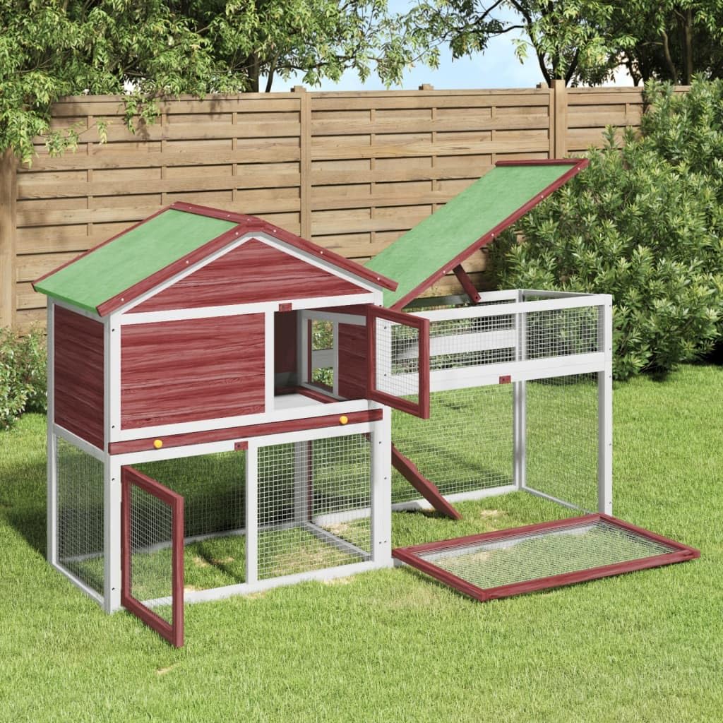 Kaninchenstall aus Massivholz Kiefer mit Freilaufgehege, 185,5x60,5x109,5