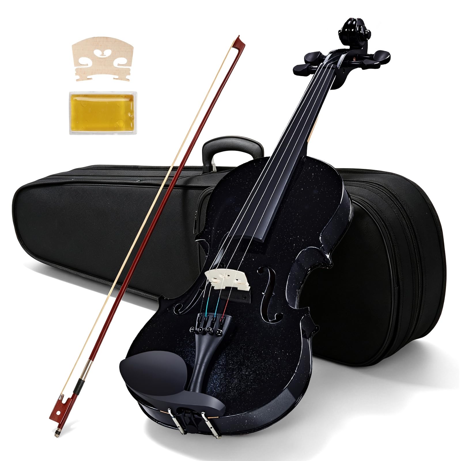 Bonnlo Violino per Bambini e Principianti, Misure 1/4, 1/2, 3/4 e 4/4, Violino in Legno Compensato di Tiglio con Acro in Legno Rosso, Astuccio, Colofonia e Mentoniera, 4/4, Nero Stellare