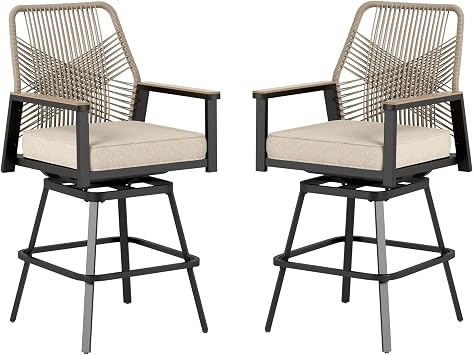 SUNSHINE VALLEY Outdoor Swivel Bar Stools Set of 2, Rattan High Top Patio Chairs with Waterproof Cushion and Armrest, All-Weather Bar Height Furniture for Outside Patio Balcony and Pool, Beige