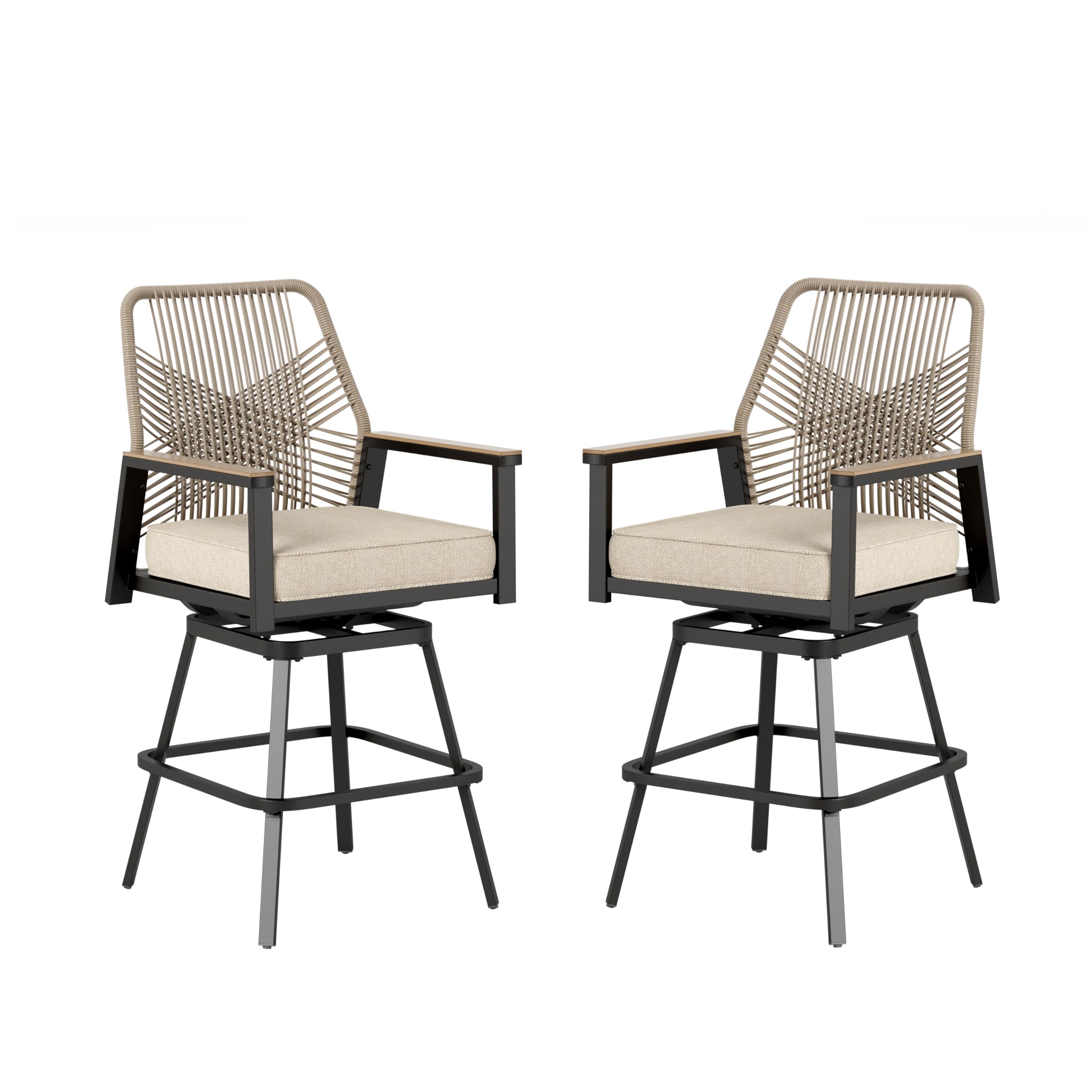 SUNSHINE VALLEY Outdoor Swivel Bar Stools Set of 2, Rattan High Top Patio Chairs with Waterproof Cushion and Armrest, All-Weather Bar Height Furniture