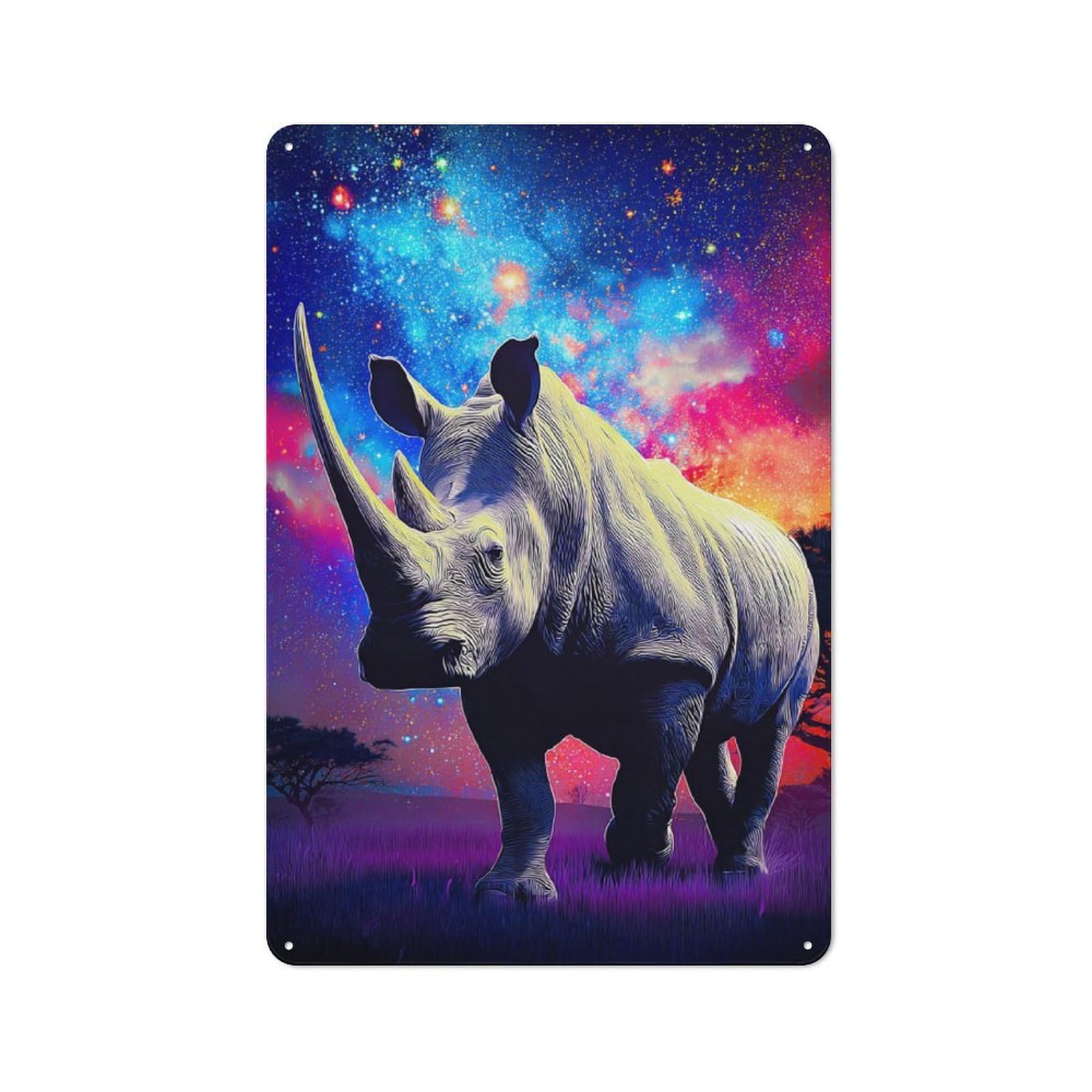 Junmoney Galactic Rhino A Cosmic Safari Retro Metal Plaque 30X20cm For Guest Room Or Hallway, Housewarming Present For People Styling Guest Room And Hallway