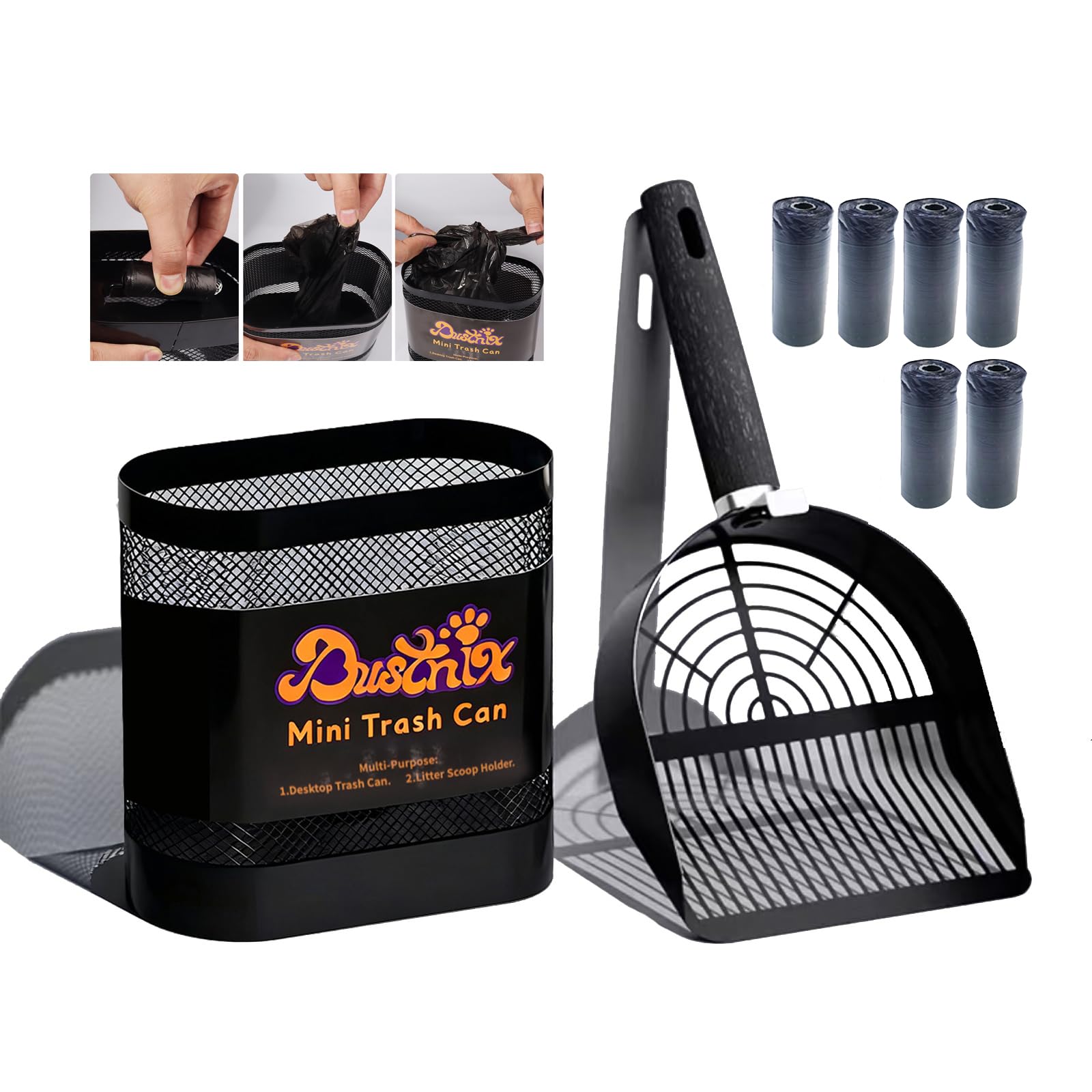 Universal Metal Cat Litter Scoop with Holder – Heavy-Duty Scooper Storage Caddy, Contains 6 Rolls of Cat Litter Bags