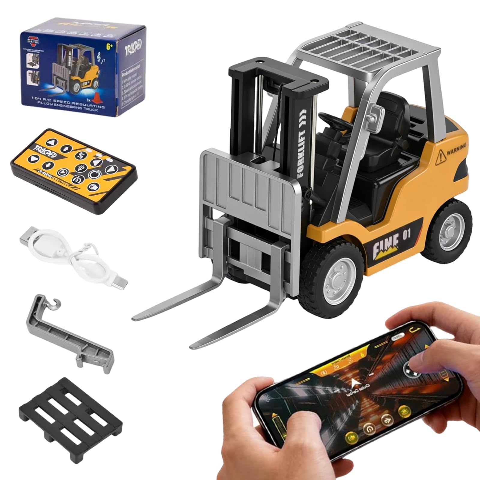Jognee 1:64 - Carretilla elevadora teledirigida con programación de aplicaciones, control de crucero y control de velocidad, horquilla elevable, sonido y luz LED, recargable por USB