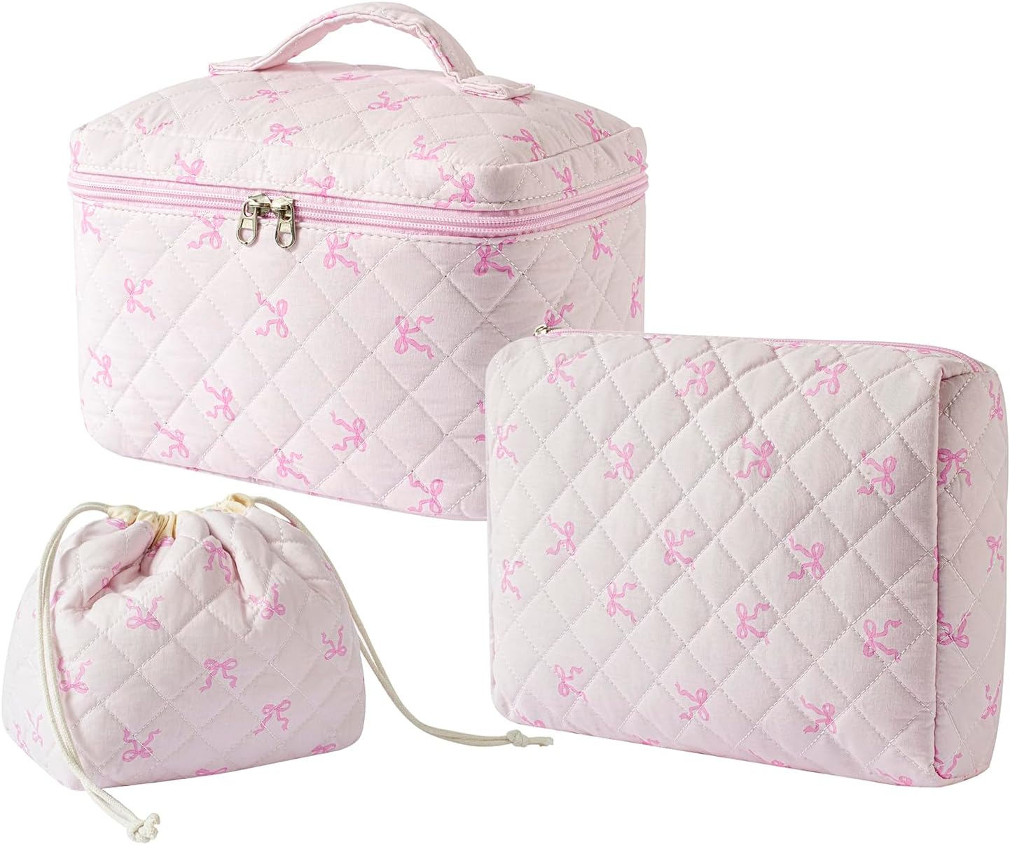 RSRSLEII 3Pcs Aesthetic Cotton Quilted Drawstring Makeup Bag Set, Aesthetic Cute Bow Makeup Pouch for Girls and Women, Aesthetic Travel Organized Cosmetic Bags for Purse(03Small Pink Bow)
