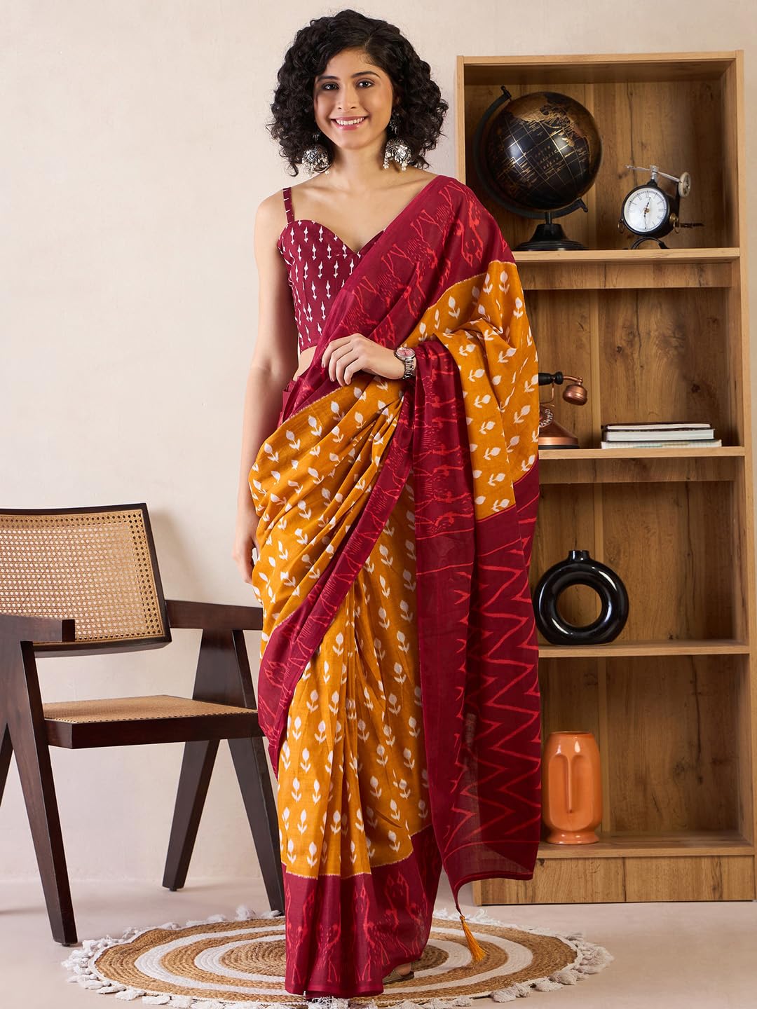 SAREE MALL Women's Mustard Cotton Bagh Printed Ready To Wear one Minute Saree With Unstitched Blouse Piece(RTWMINAXI6503_SMC)