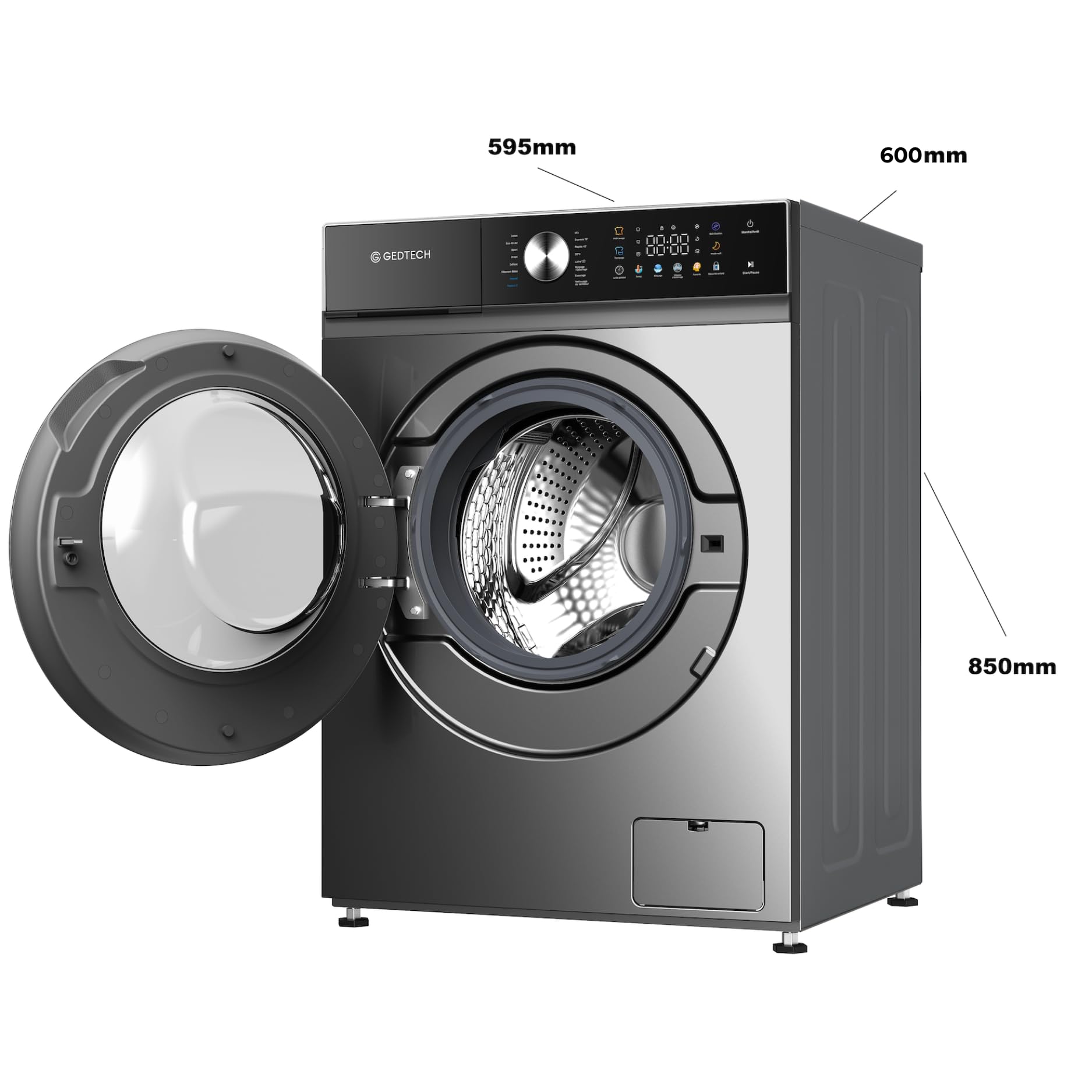GEDTECH Lave-linge frontal GLLPS121400DG 12 Kg 1400 tr/mn 16 programmes Eco Intensif Rapide Faible conso Panneau commande LED couleur