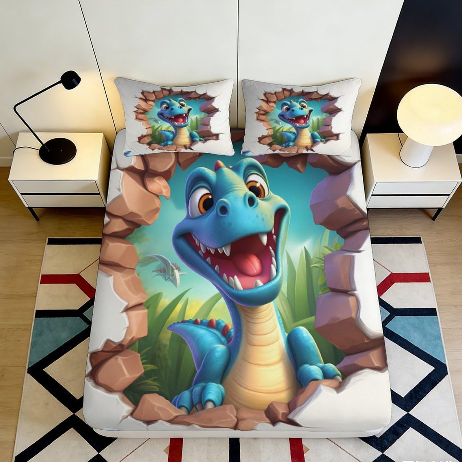 Jqzkxnhpbr Style-1 3D Printed Blue Cartoon Dinosaur Fitted Sheet Microfiber Soft Anti-Slip Bed Sheet Jungle Mattress Cover Bedroom 90X200x25cm