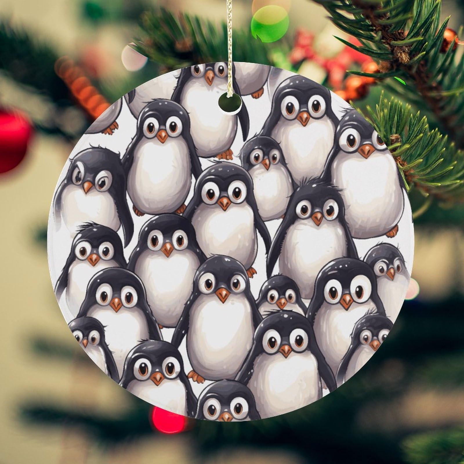 Cute Baby Penguins Sketch Christmas Ornament for Christmas Tree Ceramic Round Ornament Winter Holiday Keepsake Gift 2.7" Christmas Tree Hanging Decorations Circle Ceramic Pendant Xmas Gift