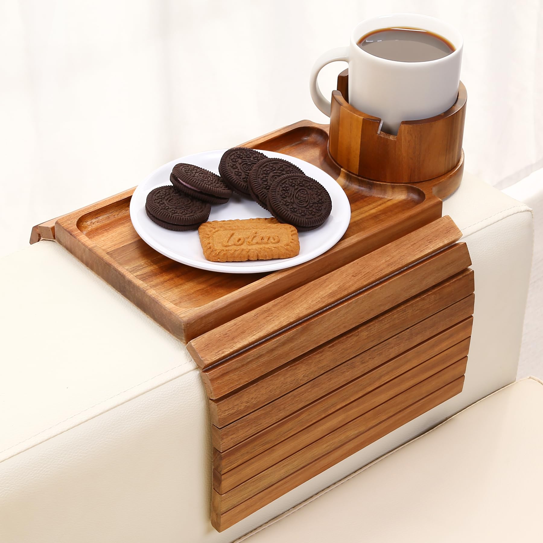 SINWANT Couch Cup Holder Tray,Acacia Wood Sofa Arm Clip on Tray Table with 360° Rotation Cup Holder,Foldable Anti-Slip Couch Armrest Table for Coffee
