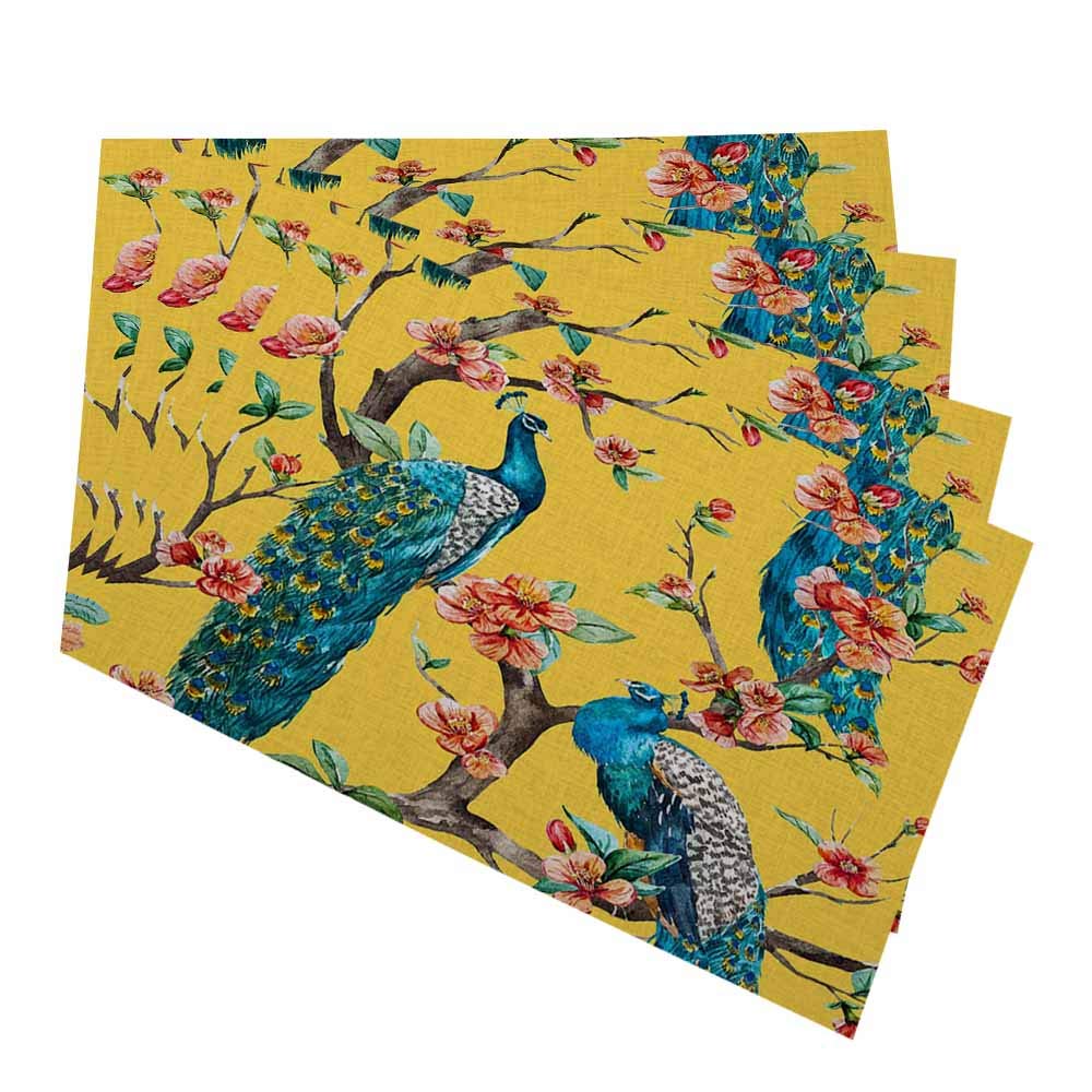 oFloral Peacock Placemats for Kitchen Dining Table Set of 4 Watercolor with on A Tree Cherry Tree with Flowers Yellow Background Linen Washable Heat Resistant Place Mats