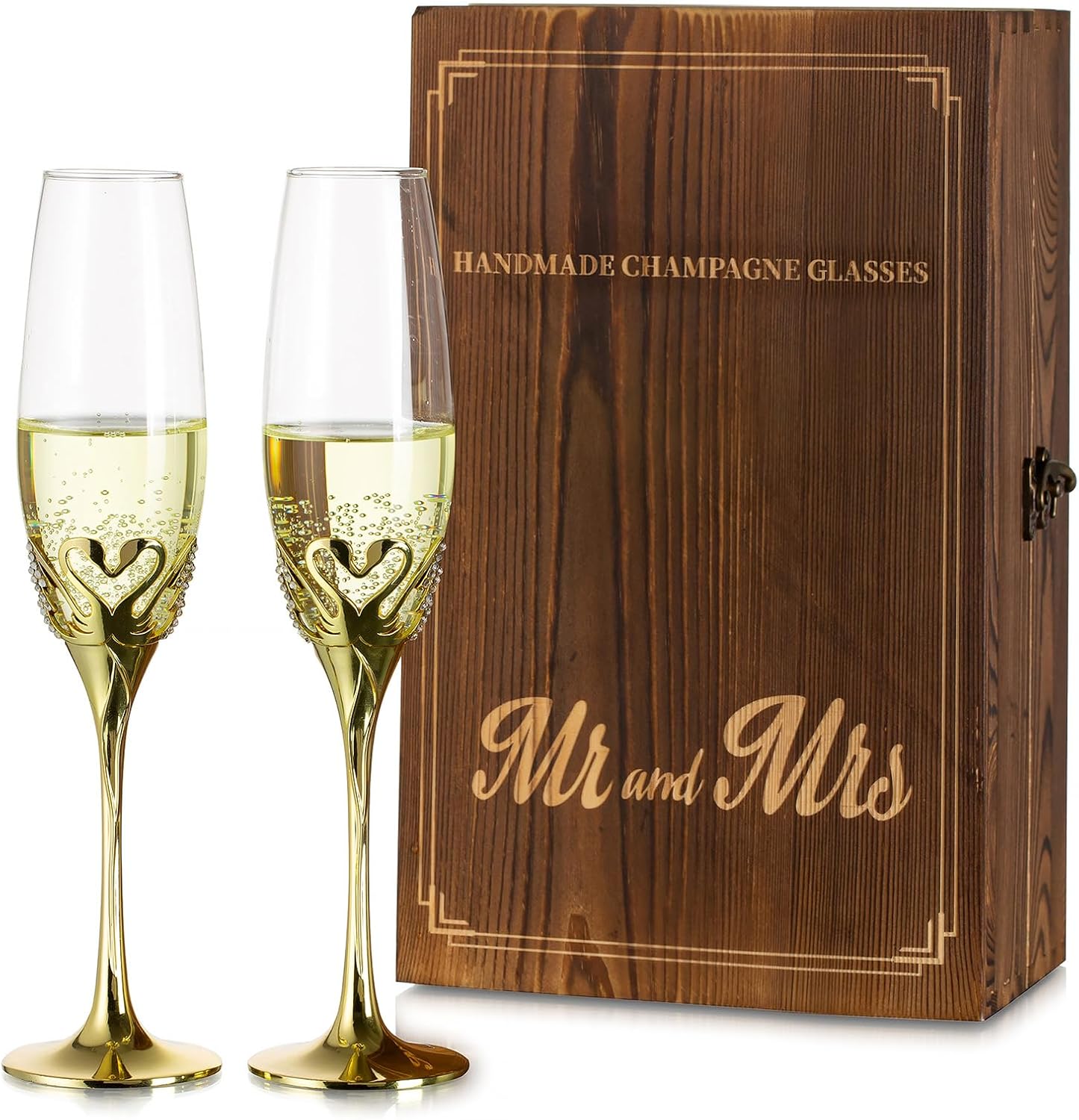 NUPTIO Wedding Champagne Flutes Glasses: Set of 2 Gold Bride Groom Tulip Champagne Flute Toasting Glass with Wooden Gift Box Keepsake Gifts for Anniversary Birthday Housewarming Christmas 6.7 Oz