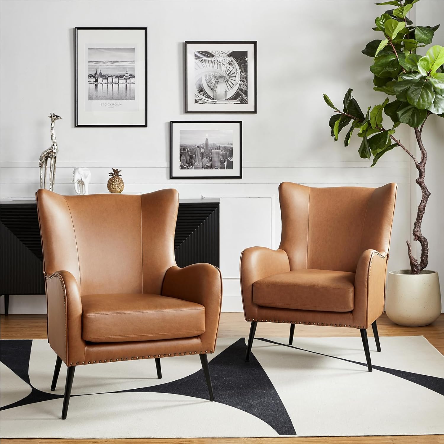 HULALA HOME Faux Leather Accent Chair Set of 2 with Removable Cushion, Comfy Upholstered Armchair with Metal Legs & Nailhead Trim Wingback Vanity Chair for Reading Living Room Bedroom, Camel
