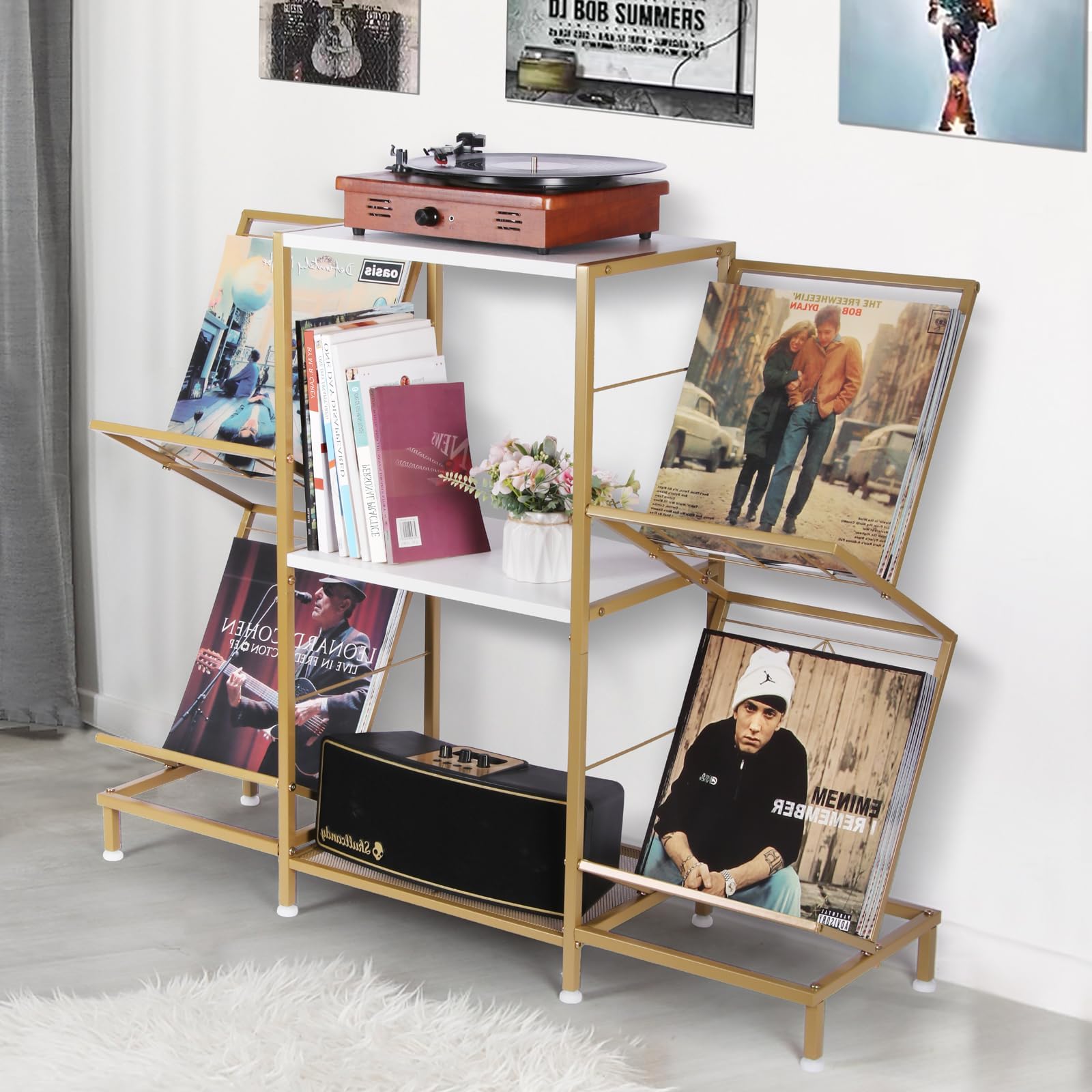 Record Player Stand with Vinyl Record Storage, Turntable Stand with 4-Tier Vinyl Display Shelf & Metal Frame, Record Holder for Living Room, Gold & White