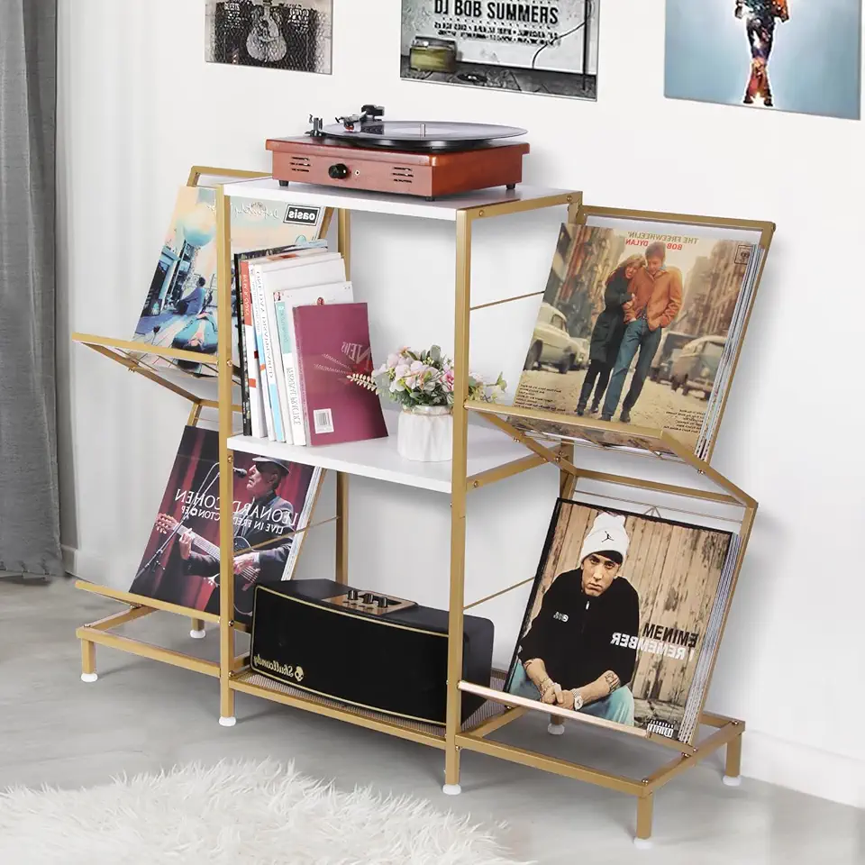 Record Player Stand, Record Player Table with Vinyl Record Storage, Turntable Stand with 4-Tier Vinyl Display Shelf & Metal Frame, Vinyl Record Holder for Living Room, Gold & White