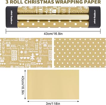 Toptime Christmas Wrapping Paper, 3 Mini Rolls White Gold Gift Wrapping Paper 17In x 120In, Metallic Solid Gold Wrapping Paper with Polka Dots Merry Christmas Design for New Year Holiday Birthday