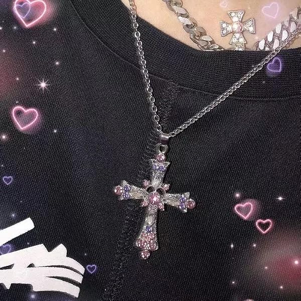 Pink Crystal Cross Pendant Necklace Gothic Punk Indie Cross Zircon Choker for Egirl Eboy Woman by Yuoos - Used condition - Image 5