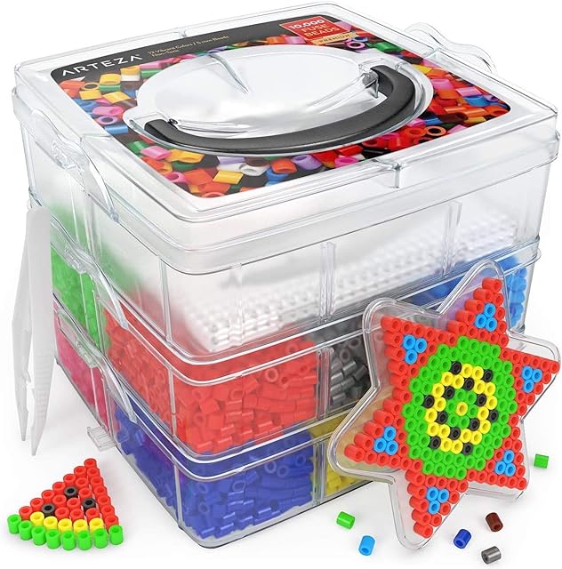ARTEZA Fuse Beads Kit,5mm,Set of 10,000 Beads with 5 Pegboards,2 Tweezers & 5 Ironing Papers in a 3-Tier Container for Making Halloween Crafts,Keychains,Pendants,Accessories,& Ornaments