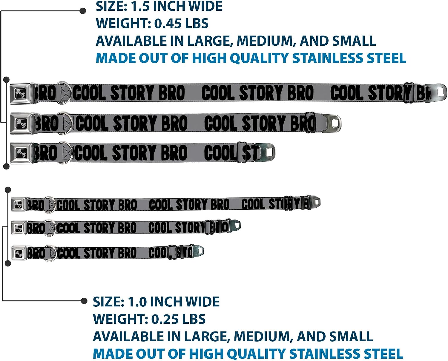 Dog Collar Seatbelt Buckle Cool Story Bro Gray Black 11 to 17 Inches 1.0 Inch Wide