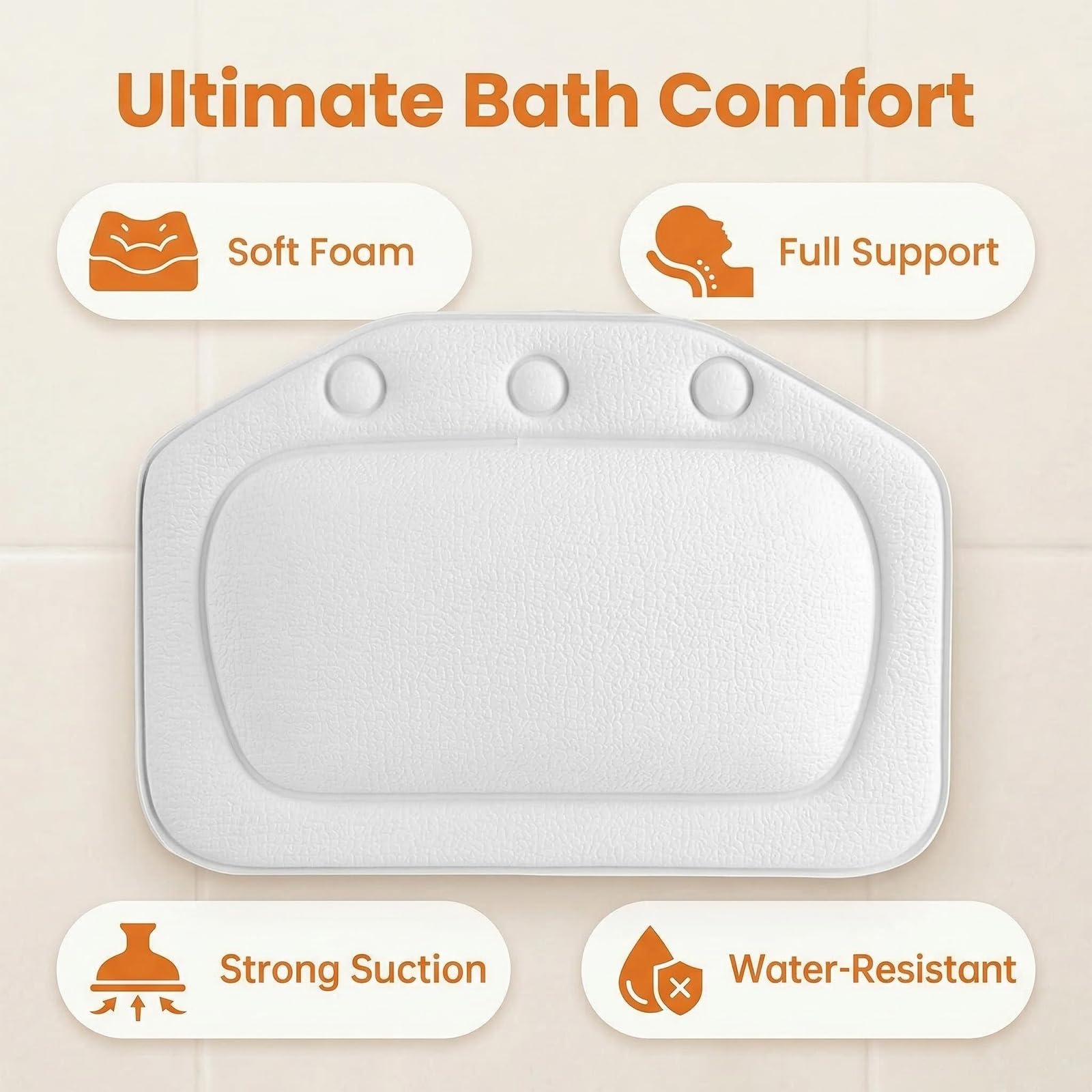 Cojín para Bañera de SPA, Almohada Ergonómica con Ventosas, Acolchado de Espuma Suave para Cabeza y Cuello, Reposacabezas de Baño de Lujo para Relajación Total (Blanco)