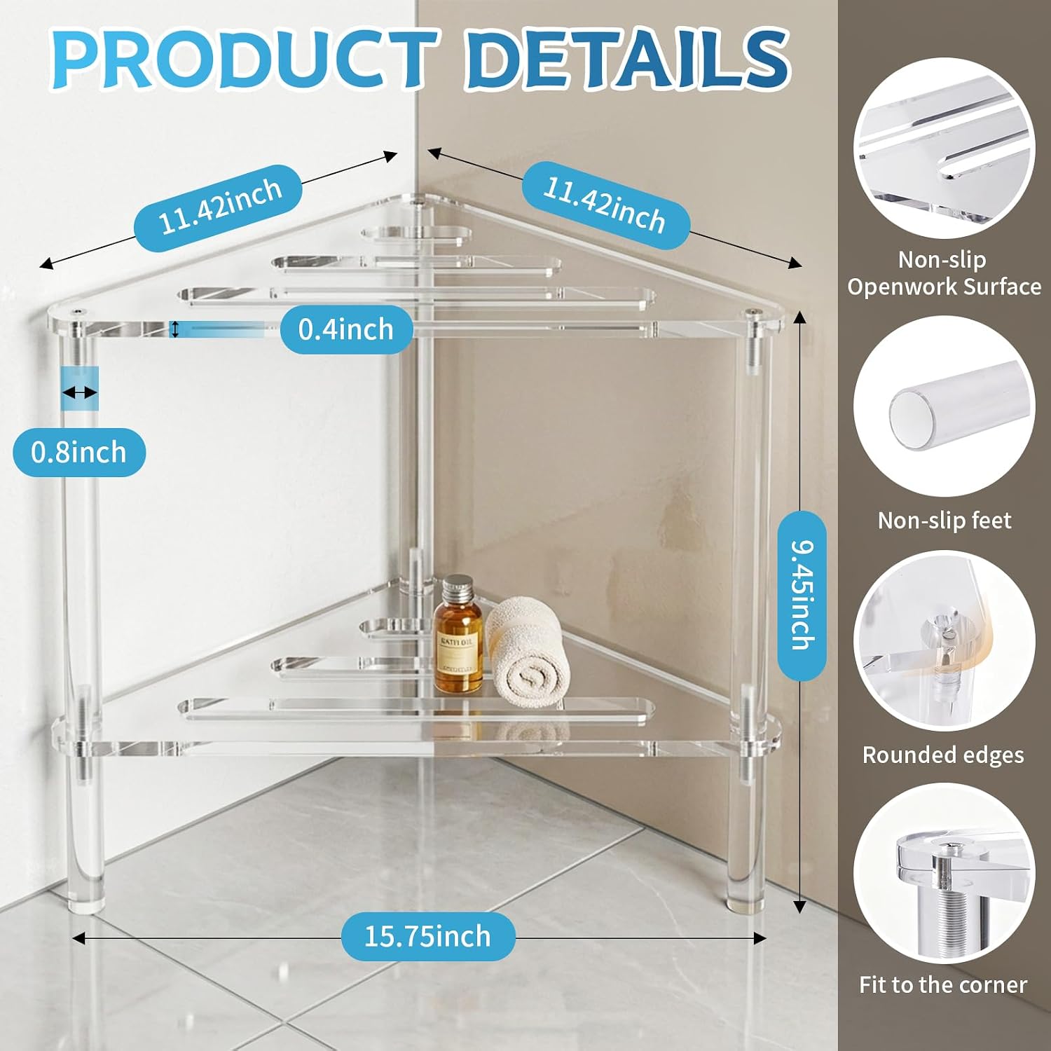 Acrylic Corner Shower Stool for Shaving Legs - Clear Triangle Shower Stool with 2-Tier Storage Shelf - Modern Bathroom Step Stool - Includes 1 Bath Sponge & 2 Shower Loofahs for Exfoliation image 2