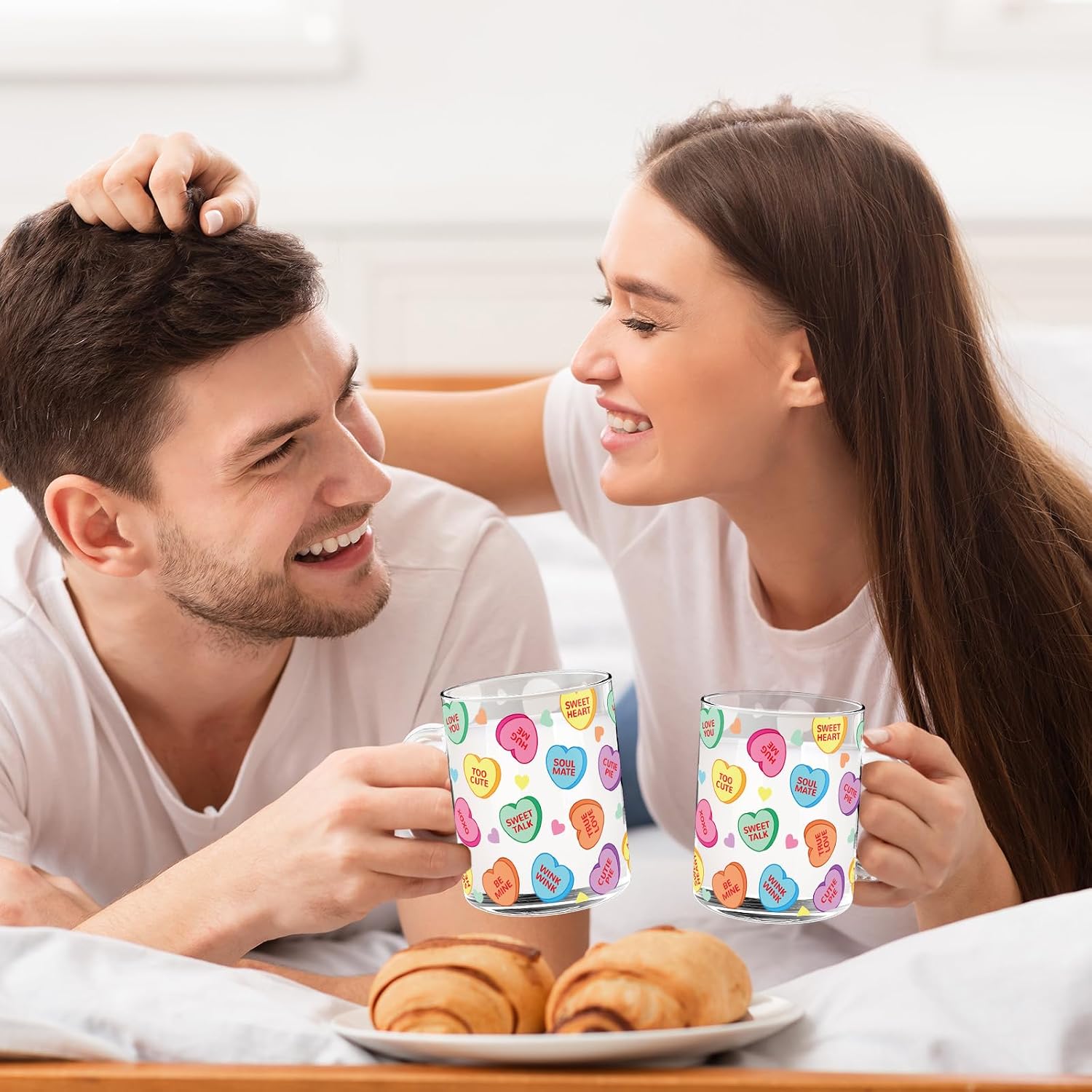 FYSUIMU 2Pcs Valentine Glass Coffee Mugs with Handle 12oz Colorful Conversation Heart Coffee Cups Beverage Drinking Glasses for Wedding Birthday Home Decor