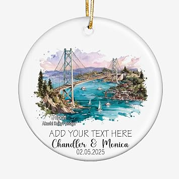 Personalized Travel Ornament Akashi Kaikyo Bridge-Kobe and Awaji-Japan Destination Ceramic Keepsake Custom Name&Date Round Christmas Ornament 2025 Unique Travel Gift, Christmas nzvlEW