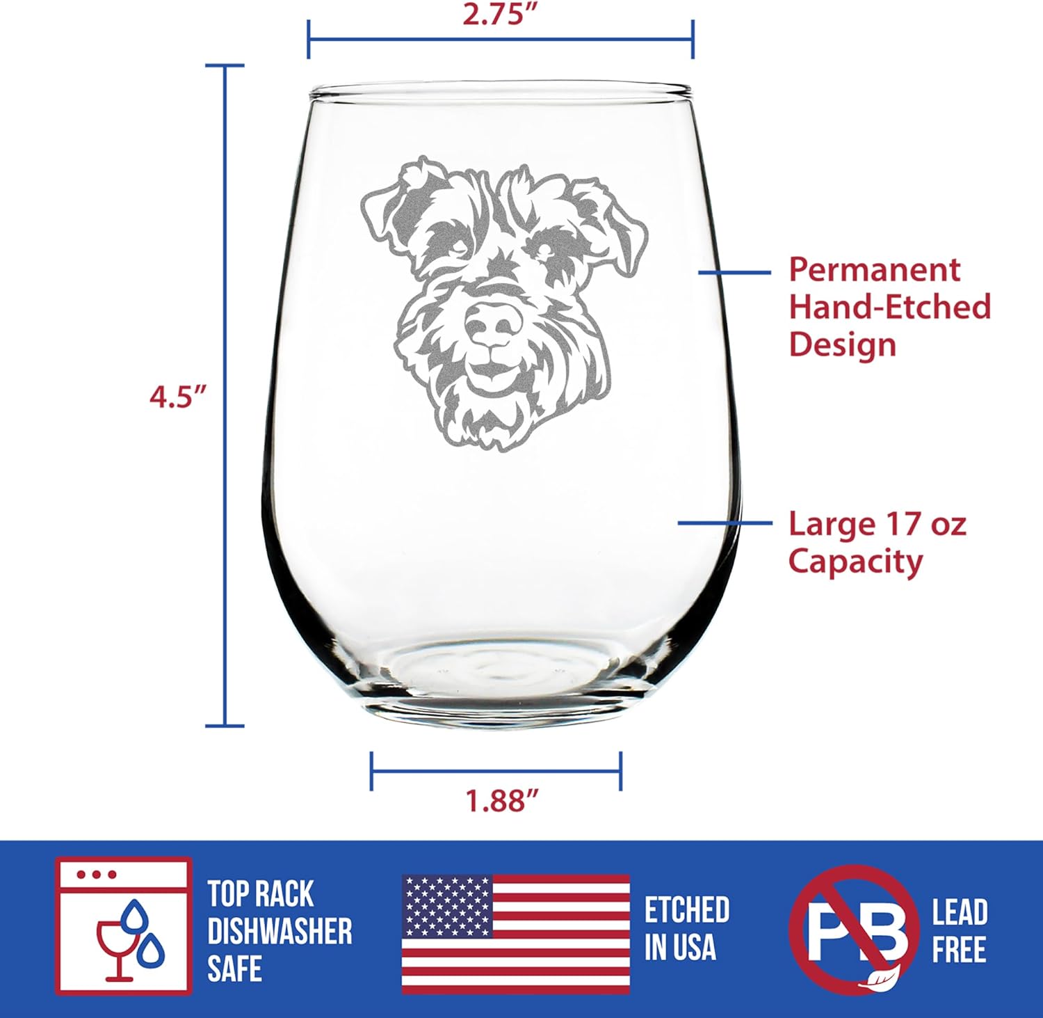 Custom Schnauzer Face Stemless Wine Glass - Cute Dog Themed Decor and Gifts for Moms & Dads of Schnauzers - Large 17 Oz - Customized Glasses