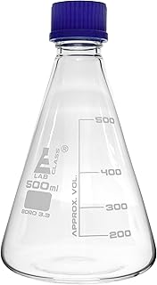 Erlenmeyer Flask, 500ml - Borosilicate Glass - with PTFE Screw Cap - Conical Shape - White Graduations - Eisco Labs