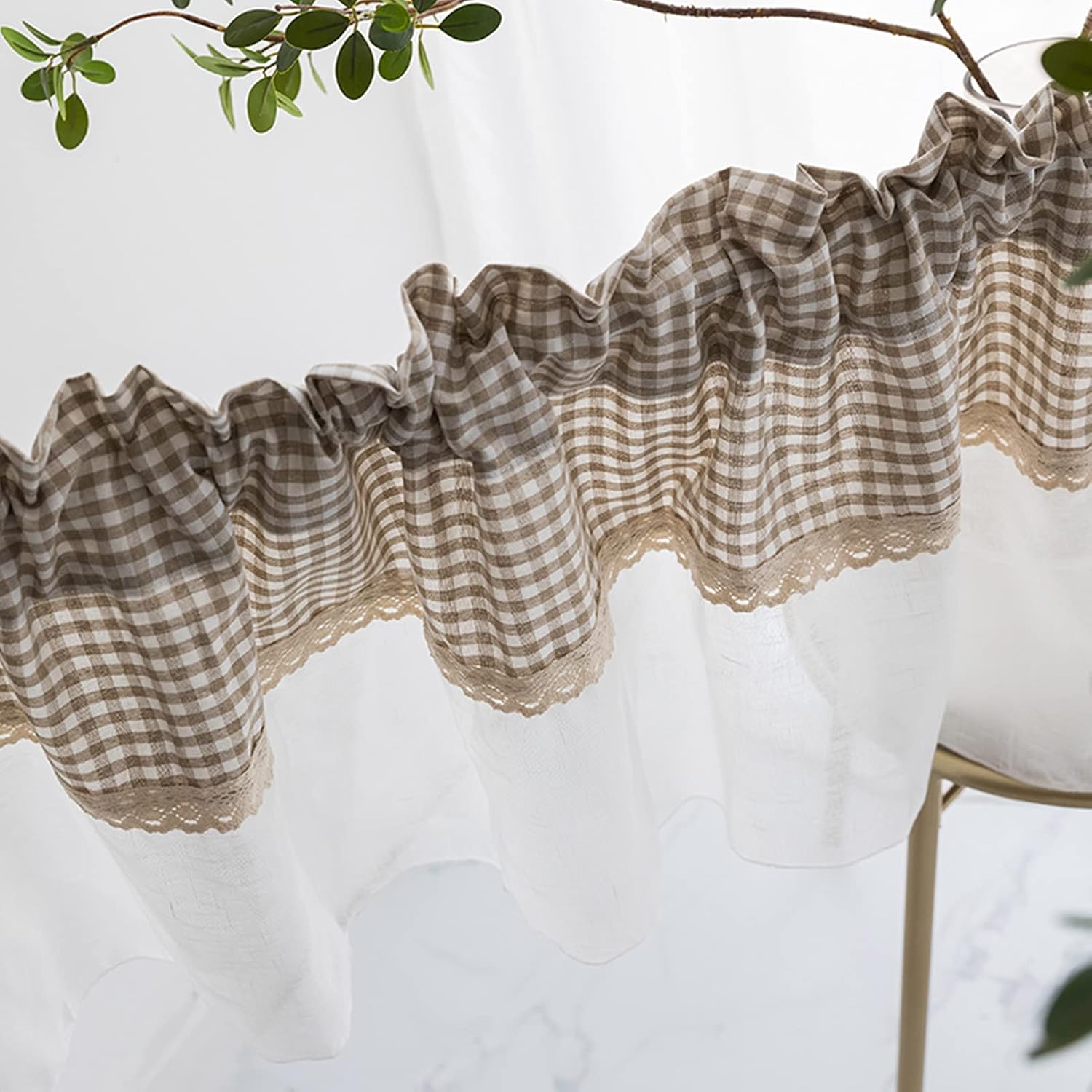 Kitchen Curtains Tier Curtains,Short Cafe Curtains Valance,Bistro Curtain Country Style,Gingham Voile Semi Sheer Cafe Curtains for Kitchen Bathroom Bedroom Living Room Small Windows