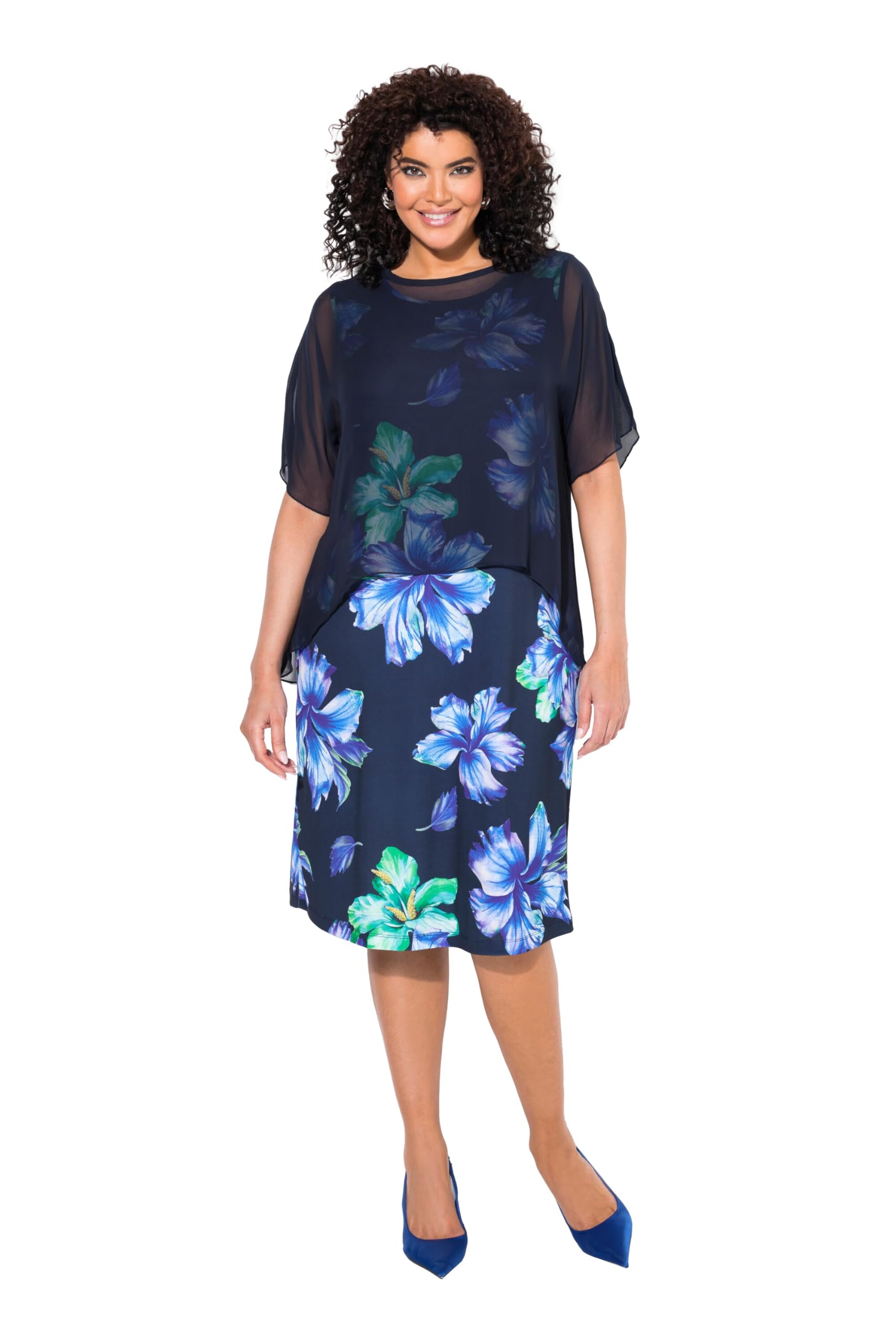 Ulla Popken Damen große Größen Übergrößen Plus Size Kleid, Blüten, doppellagig, U-Boot-Ausschnitt, Halbarm 836081