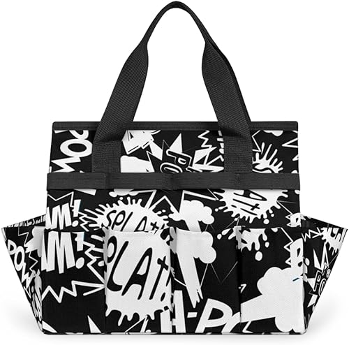 Black White Cartoon Garden Tool Tote Bag for Women Men Gardening Tool Storage Bags with 10 Pockets Standable Garden Home Tool Kits Organizer for