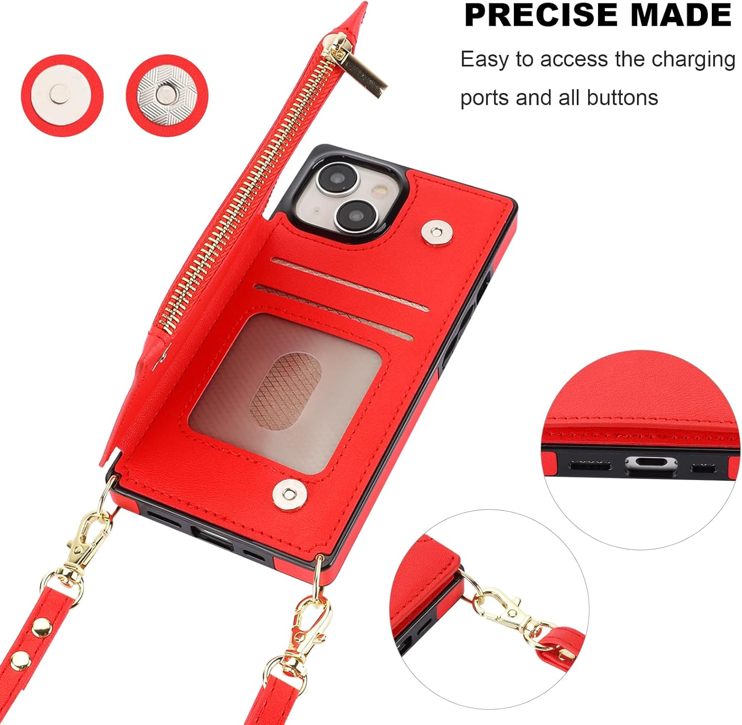 Bocasal Crossbody Wallet Case for iPhone 15 with RFID Blocking Card Slot Holder, Magnetic Flip Folio Purse Case, PU Leather Zipper Handbag with Detachable Lanyard Strap 6.1 Inch 5G (Red)