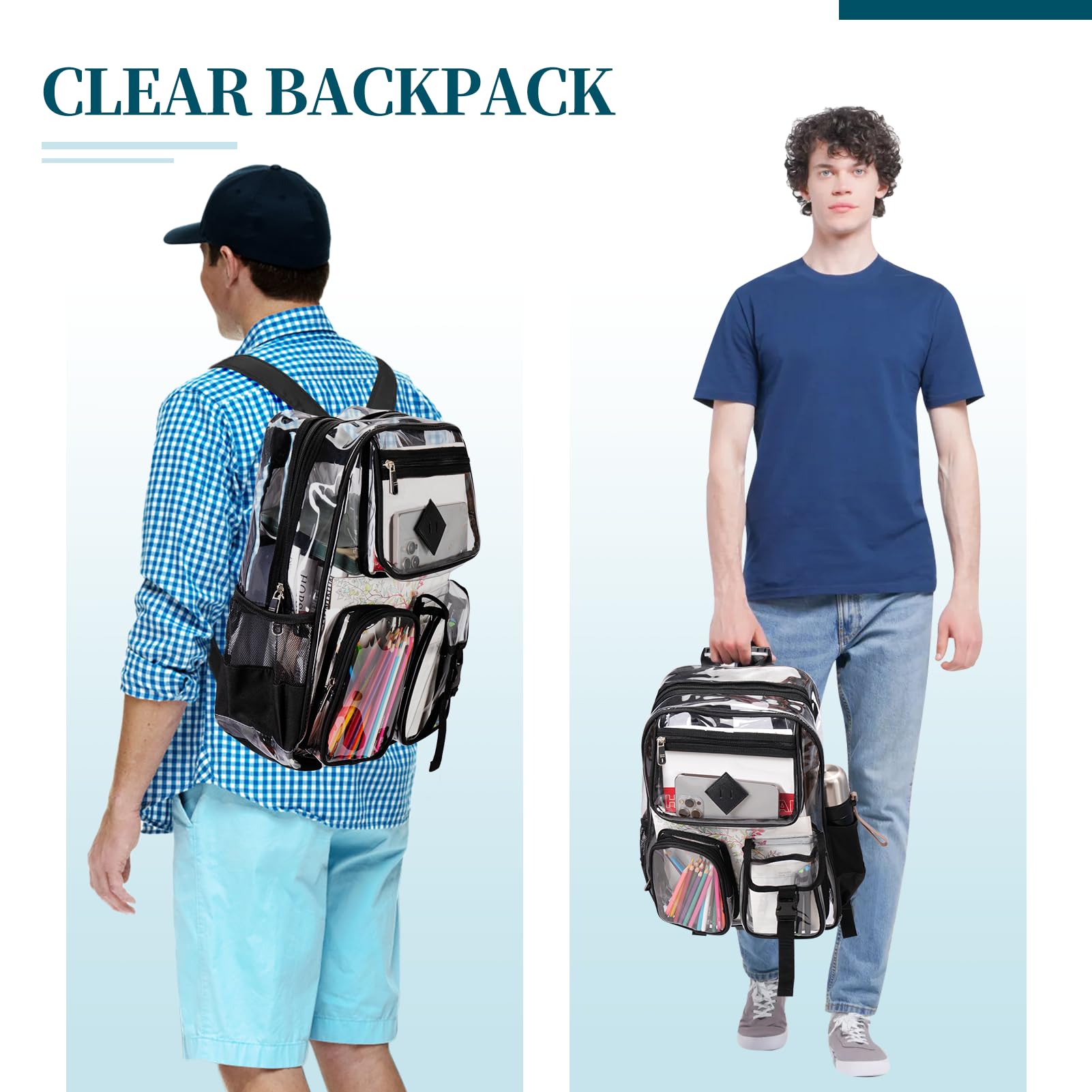 Grande zaino trasparente resistente – multi-tasche trasparente Bookbag Stadium approvato con cinghie rinforzate impermeabile zaino trasparente per adulti, lavoro, concerti, viaggi,